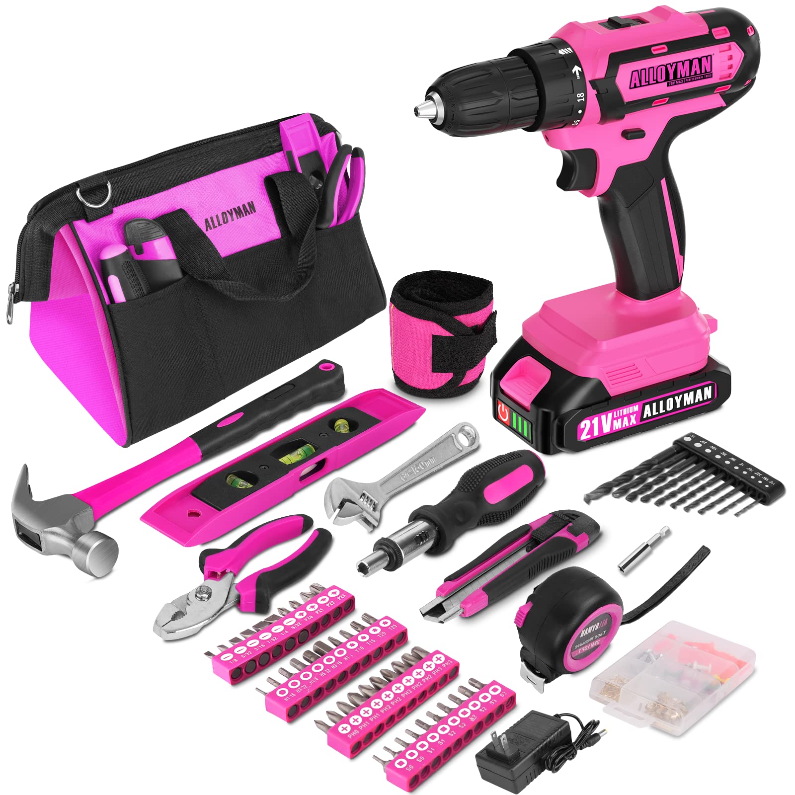 ALLOWMAN 21V Pink Cordless Drill Set for Women - 135 Pc Tool Kit with 1.5Ah Battery, Charger & Storage Bag | 3/8
