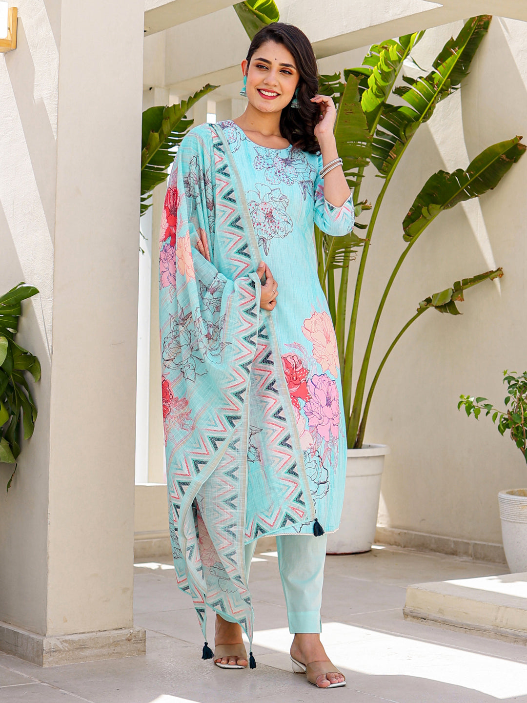 Stylish Blue Linen Pant Suit with Digital Print - Elegant Women's Office Wear & Summer Business Attire
