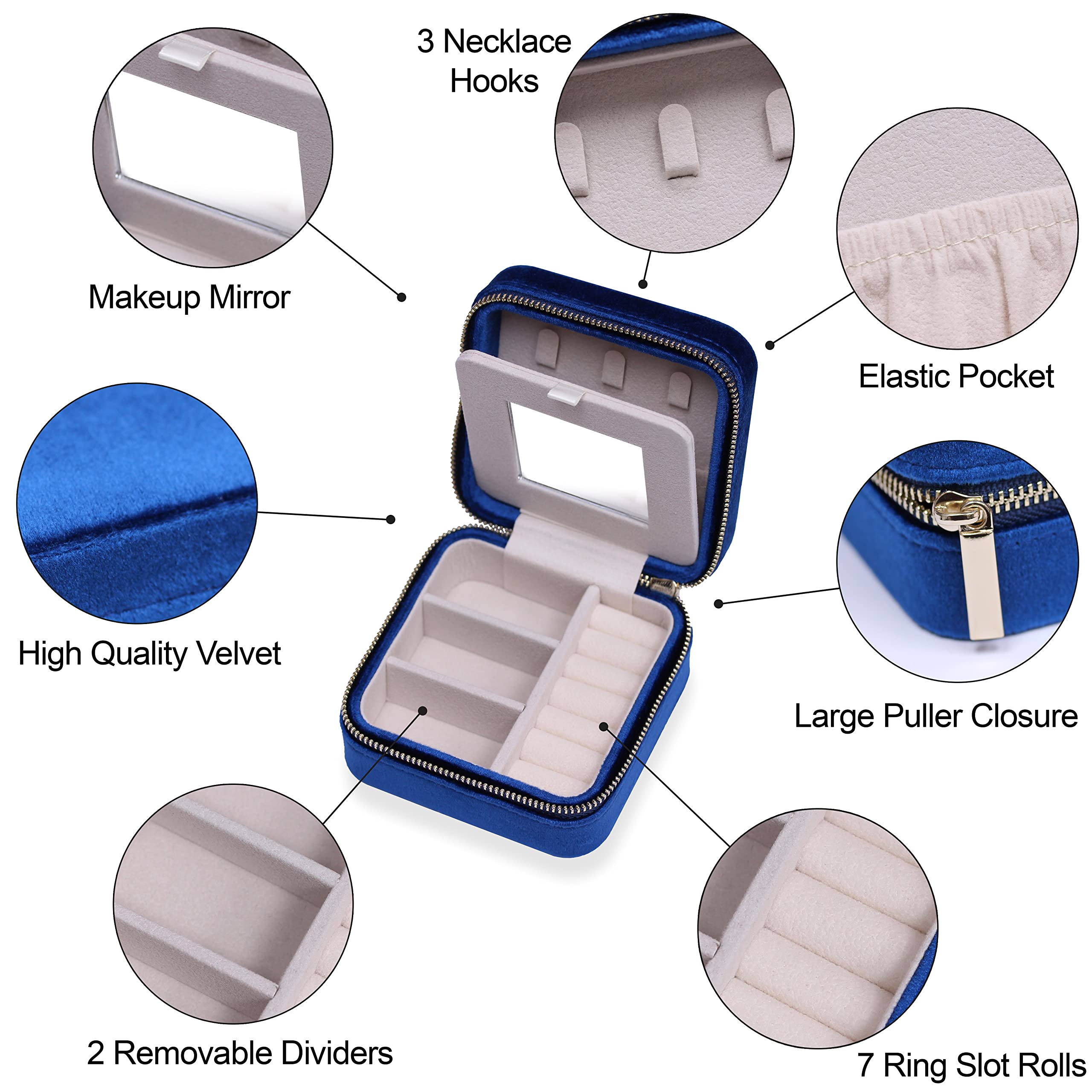 BLU TETE Velvet Travel Jewelry Organizer Box with Mirror - Portable Jewelry Case for Rings, Earrings & Necklaces - Compact Storage for Travel, Home & Gifts (Midnight Blue)