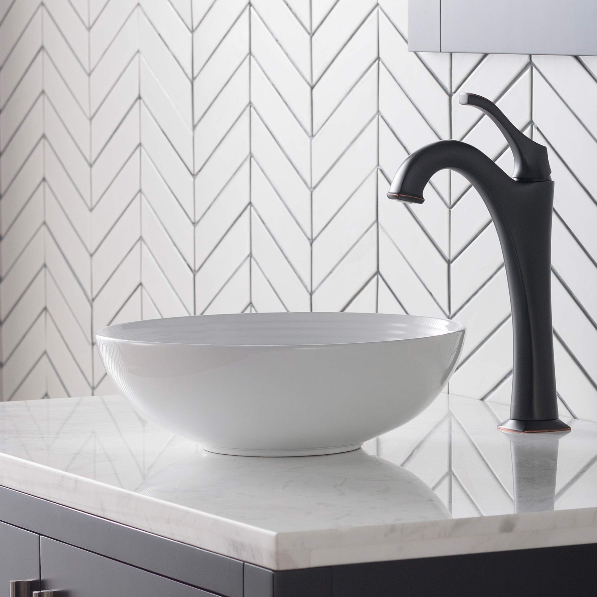 KRAUS Viva™ Round White Porcelain Ceramic Vessel Bathroom Sink - 13 Inch Diameter x 4.38 Inch Height (KCV-204GWH) | Modern Vanity Sink for Bathroom Remodel & Powder Room Upgrade