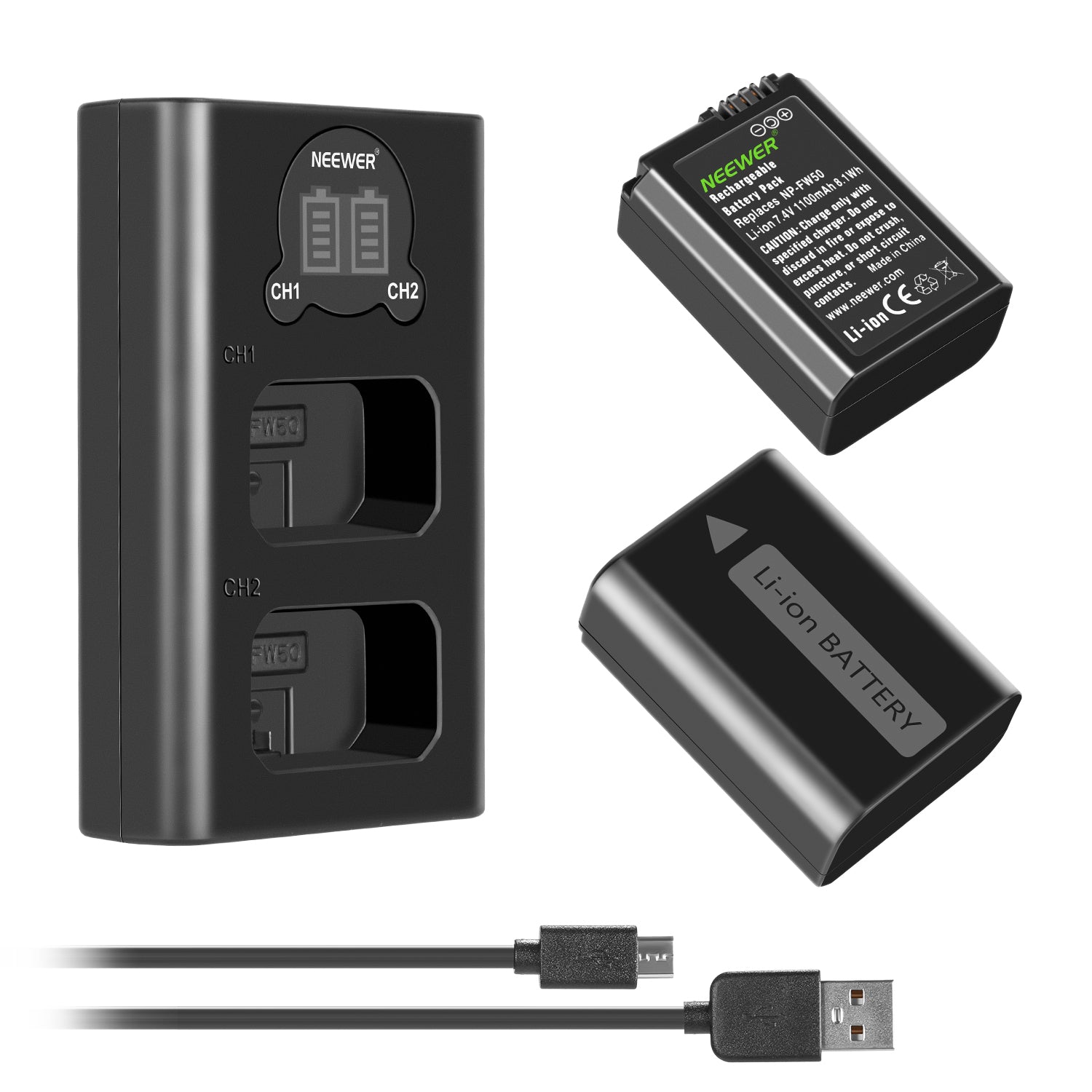 NEEWER 2 Pack NP-FW50 Replacement Battery and Dual USB Charger for Sony A7 III A7R III A6400 Cameras - Perfect for Travel Photography & Vlogging