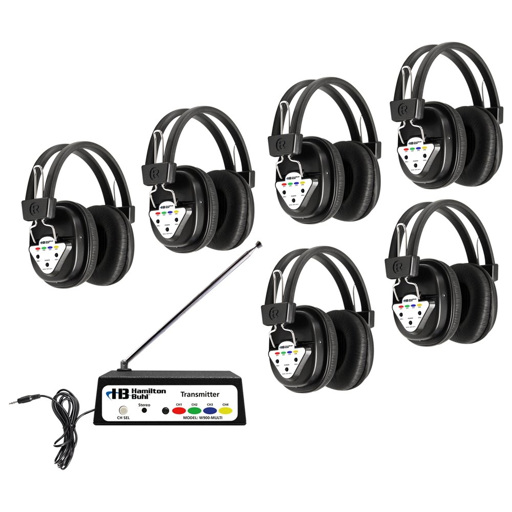 Hamilton Buhl Wireless Listening Center - 6 Station Classroom Audio System with Headphones & Transmitter, Multi-Frequency (Black, Model W906-MULTI) for Schools, Libraries, and Educational Institutions
