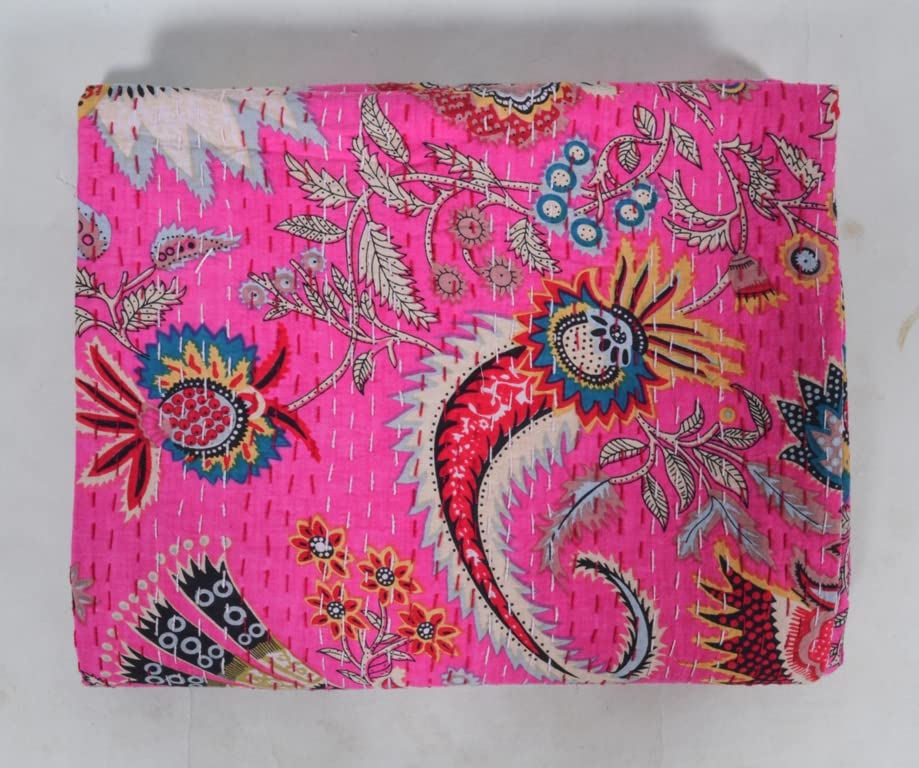 Handmade Indian Kantha Quilt - 100% Cotton Soft Block Print Blanket for Bed, Sofa & Decor | Traditional Throw Bedspread | Twin Size 90x60 Inch Pink | Perfect for Cozy Nights, Guest Rooms & Boho Home Decor