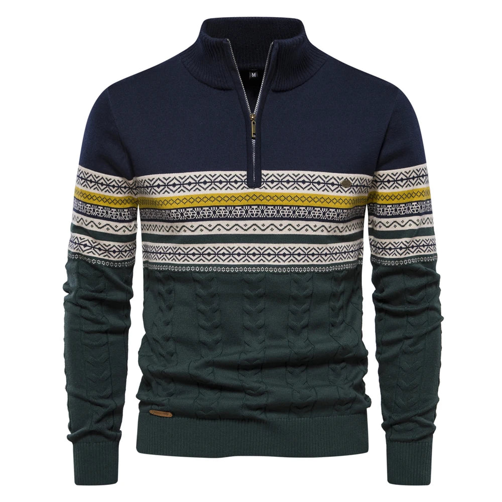Premium Men's Cotton Sweater with Zipper - Warm Winter Pullover with Ethnic Patterns for Casual Wear | Cozy Fall & Winter Fashion for Outdoor Activities