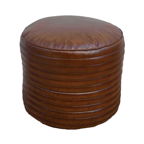 Premium Brown Leather Pouf Ottoman - Round Stitched Footstool for Living Room, Bedroom & Lounge | Durable & Stylish Home Decor
