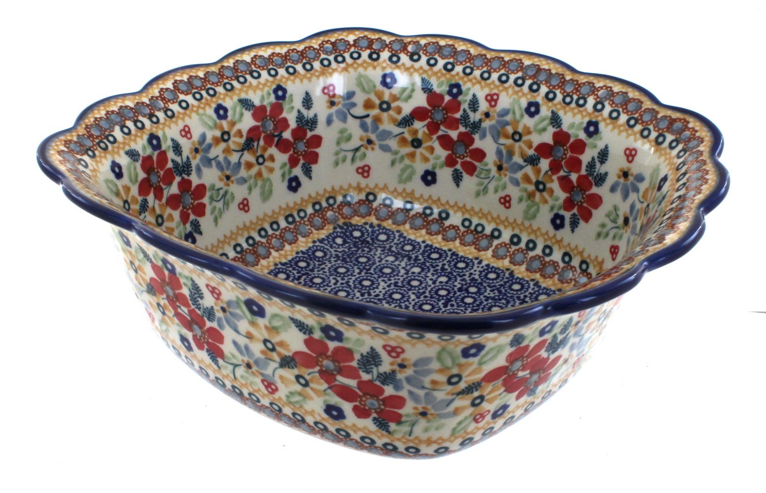 Blue Rose Polish Pottery Red Daisy Large Square Serving Dish - Elegant Ceramic Platter for Dinner Parties, Holidays & Home Decor
