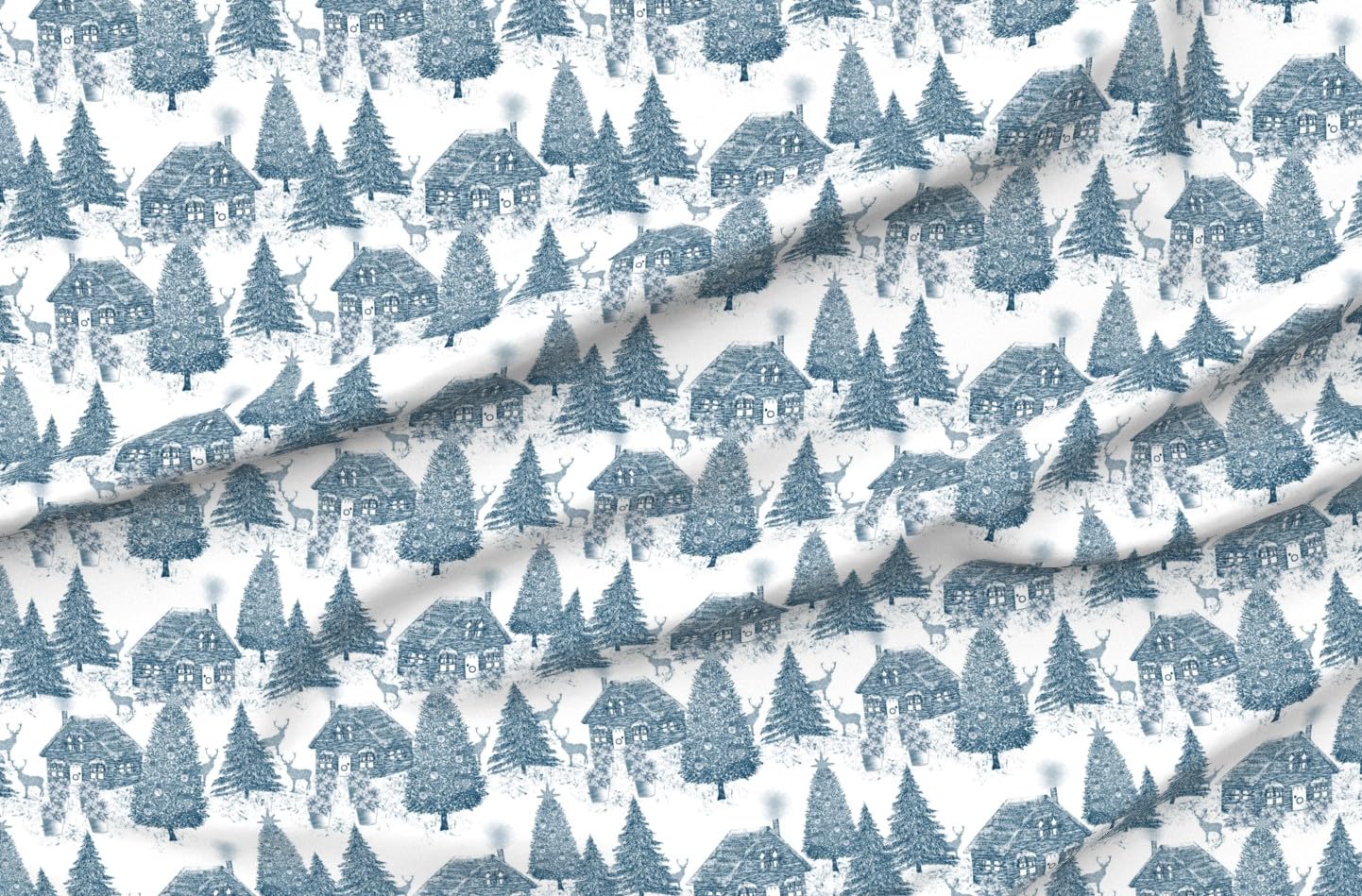 Christmas Village Toile Fabric - White & Blue Deer Snow Print on Organic Cotton Sateen by The Yard | Perfect for Sewing, Quilting, Apparel & Home Decor | Holiday Tablecloths, Curtains & DIY Christmas Crafts