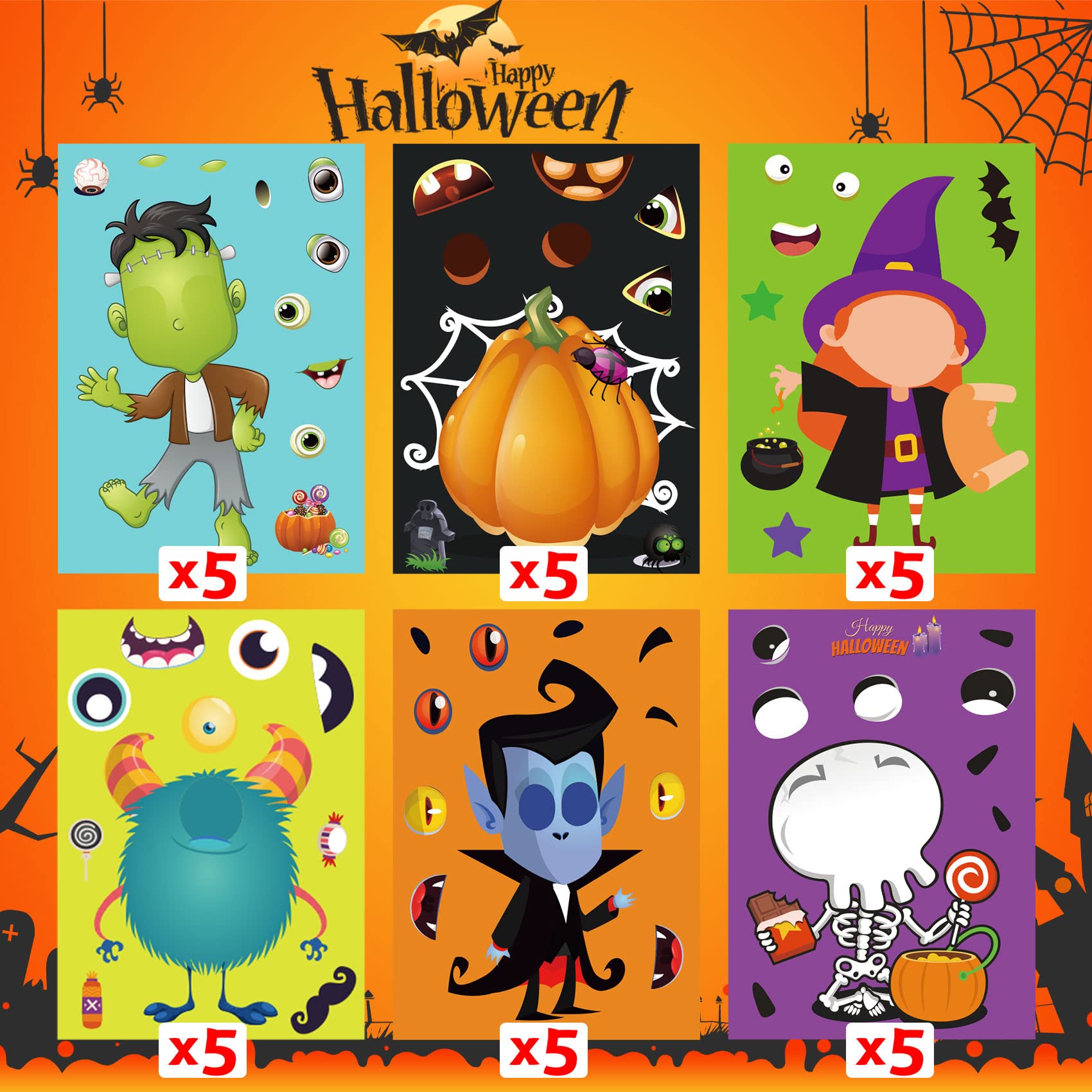 Funnlot Halloween Stickers 30PCS for Kids - DIY Jack-O-Lantern Face Stickers for Classroom & Party