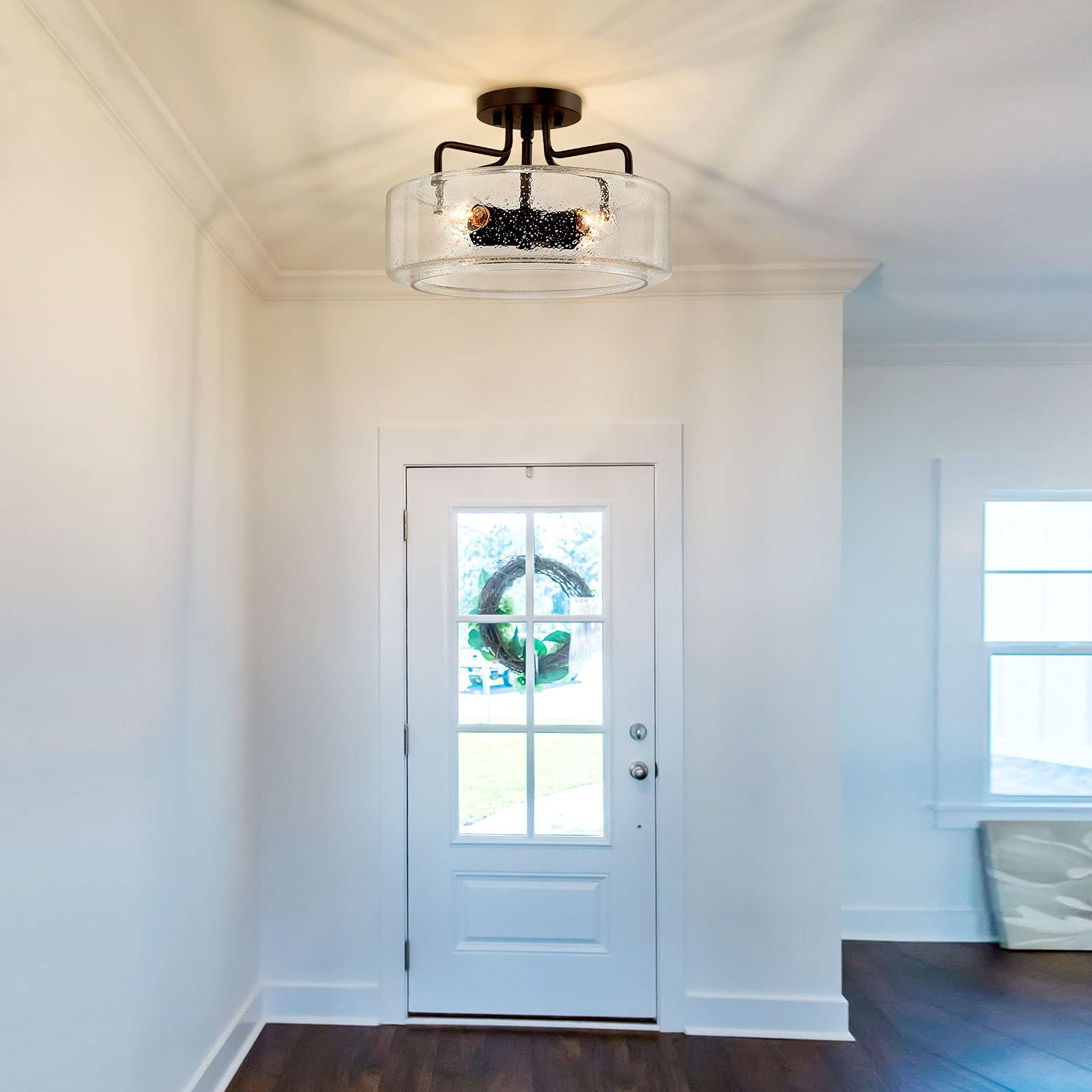 Farmhouse Semi Flush Mount Ceiling Light Fixture - 4-Light Oil Rubbed Bronze with Drum Seeded Glass Shade for Hallway, Bedroom, Kitchen, Foyer & Bathroom | Rustic Lighting for Home Decor & Interior Design