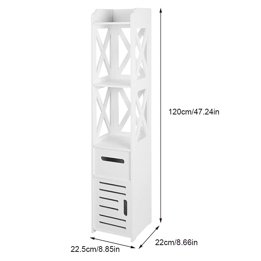 Tall Bathroom Cabinet - White Floor Standing Storage Organizer with Slim Shelf for Toilet & Bathroom Accessories | Durable Bathroom Furniture for Small Spaces & Modern Homes