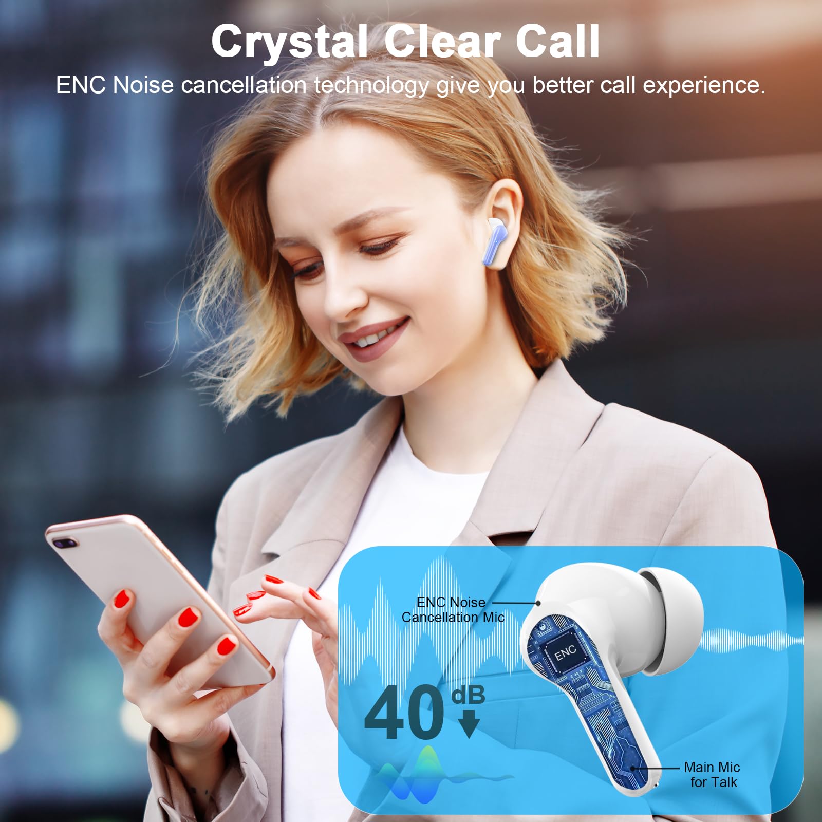 Wireless Earbuds Bluetooth 5.4 HiFi Stereo Headphones - 45H Playtime, 4 ENC Noise Cancelling Mics, IP7 Waterproof, LED Display, USB-C Charging - Perfect for Gym, Running, Travel & Work Calls