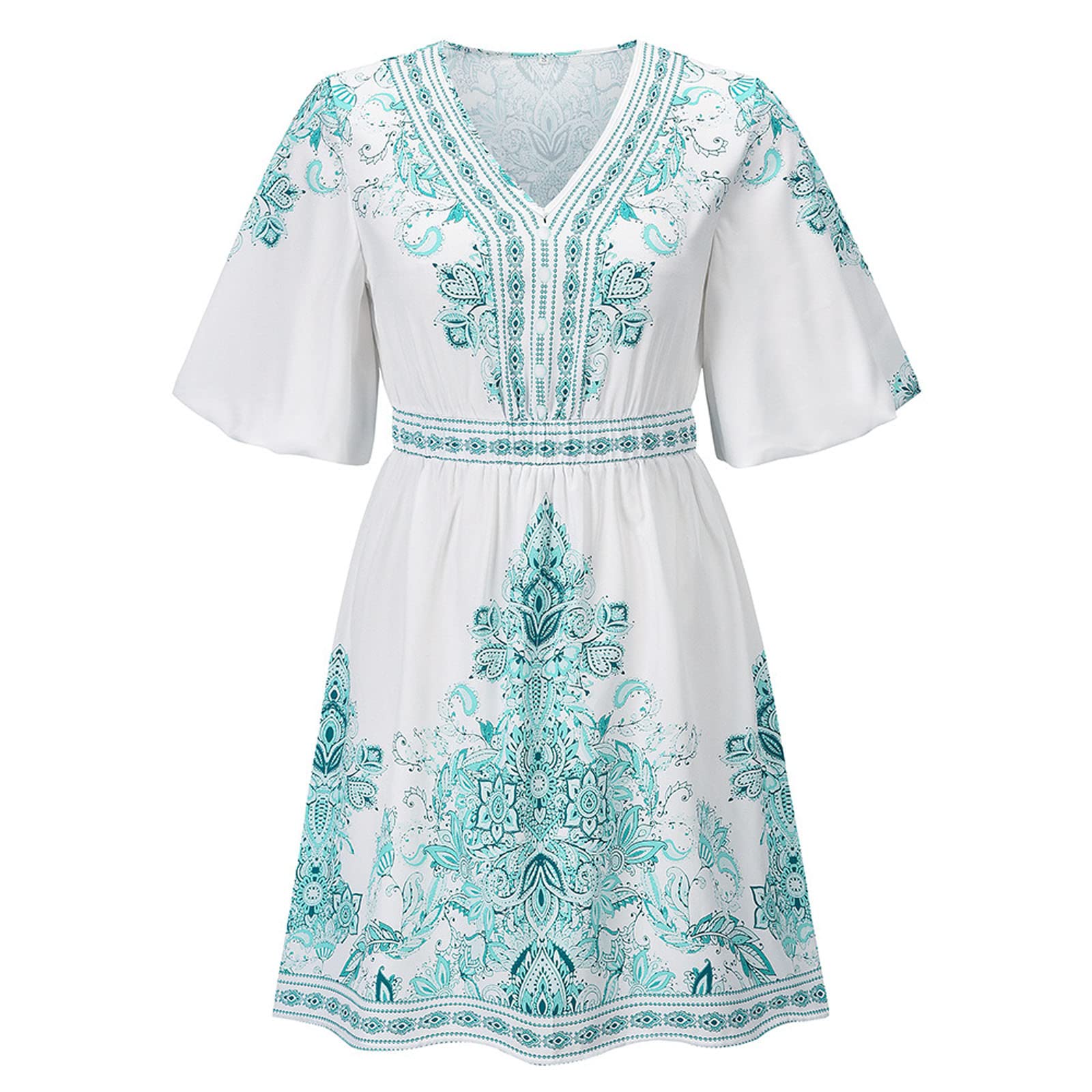 MRGIINRI Women's Floral Print Bohemian Dress - Deep V Neck 3/4 Sleeve A-Line Midi Dress in Green | Casual Summer Dress for Beach, Vacation & Boho Chic Outfits