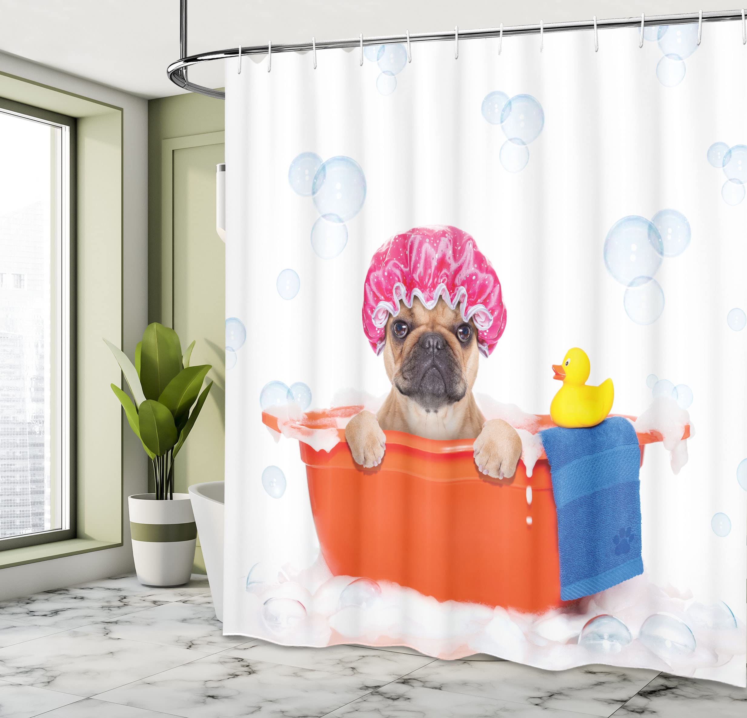 Ambesonne Dog Lover Shower Curtain - French Bulldog Bathing with Rubber Duck on Bubbles Background, 69x70 Inch Waterproof Fabric Bathroom Decor with Hooks, Orange & Pink | Perfect for Pet Lovers' Bathroom, Kids' Shower Room & Unique Gift Idea