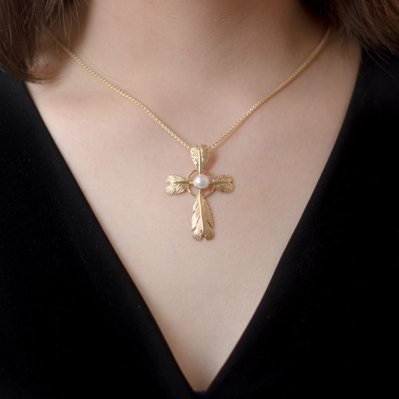 Grainger McKoy Wide Feather Cross Pearl Pendant Necklace - Elegant Religious Jewelry for Women, Perfect for Church, Weddings & Special Occasions