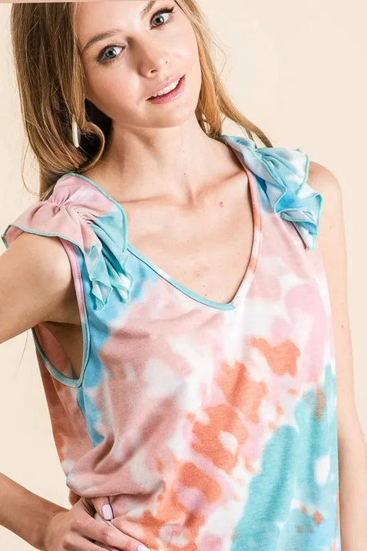 BiBi Circular Tie Dye Knit V Neck Top With Ruffle - Stylish Boho Women's Blouse for Summer, Beach, and Casual Outings