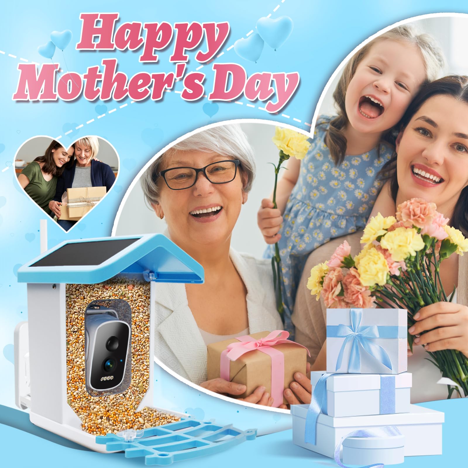 Smart Bird Feeder with Camera - 4K HD AI Bird Identification, Solar Powered, Auto Capture & Motion Detection - Perfect Gift for Bird Lovers, Grandma & Mom - Ideal for Backyard Birdwatching & Nature Enthusiasts