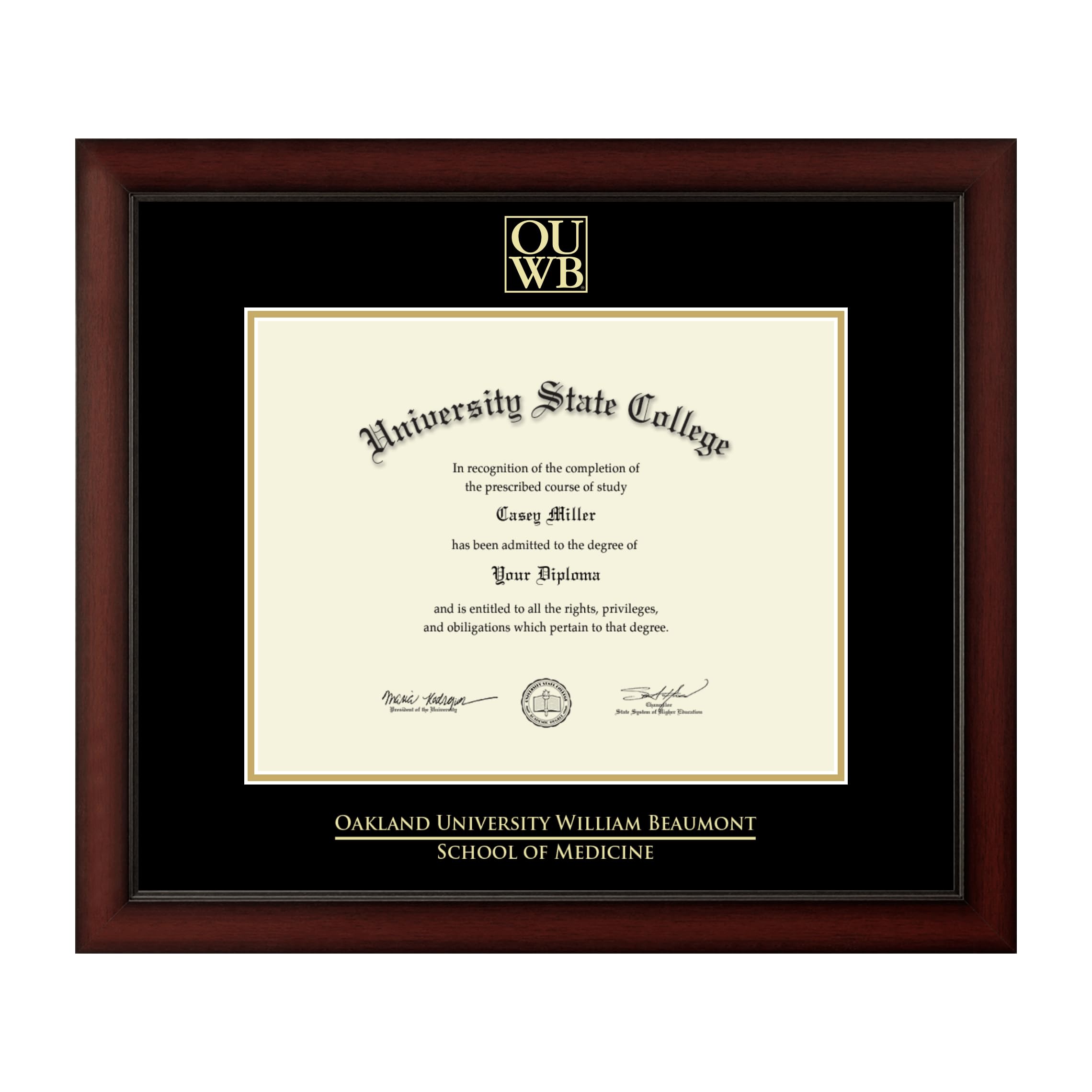 Oakland University William Beaumont School of Medicine 14x11 Inch PhD Diploma Frame - Gold Embossed Cherry Wood with Black & Gold Matting - Perfect for Graduation Display & Office Decor