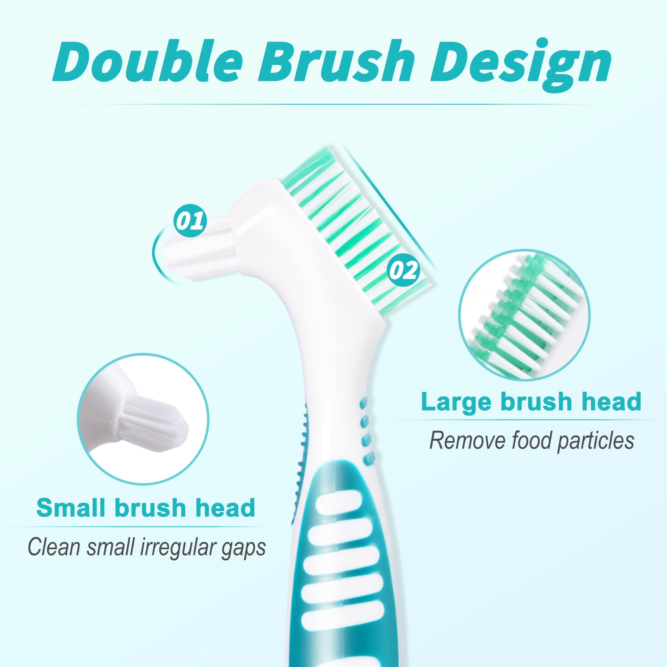 6 Pcs Denture Brush Set for False Teeth Cleaning - Double Sided Design with Multi-Layered Soft Bristles & Anti-Slip Rubber Handle (4 Colors) - Perfect for Denture Care at Home or Travel