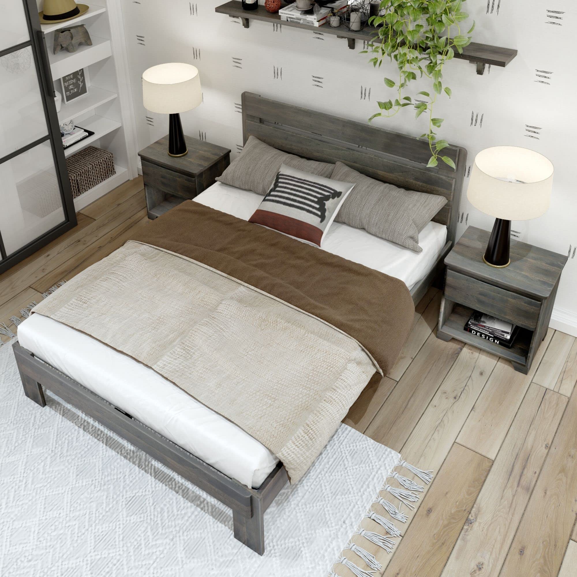 Rustic Wood Queen Bed Frame with Headboard - Solid Platform Bed, Slatted Design, Driftwood Finish | Perfect for Farmhouse, Coastal & Modern Bedroom Decor