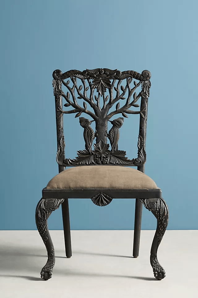 Hand Carved Woodpecker Dining Chair - Solid Wood Black Accent Chair for Kitchen, Dining Room, or Home Office | Elegant Wooden Table Chair for Modern & Rustic Decor