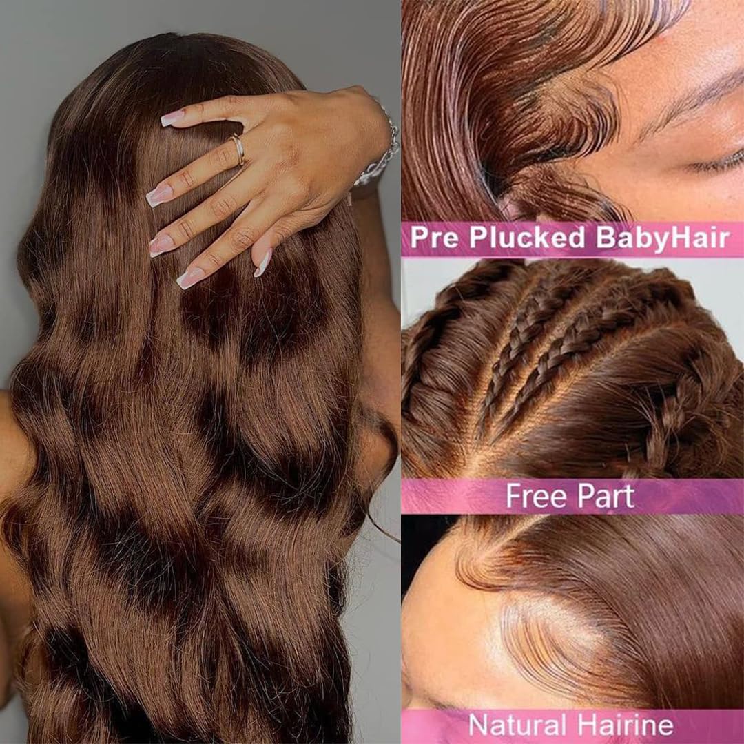 Chocolate Brown 13x4 Lace Front Wig Human Hair - 180% Density Body Wave Glueless Wig for Women, Pre Plucked with Baby Hair, 28 Inch - Perfect for Daily Wear, Cosplay, and Special Occasions
