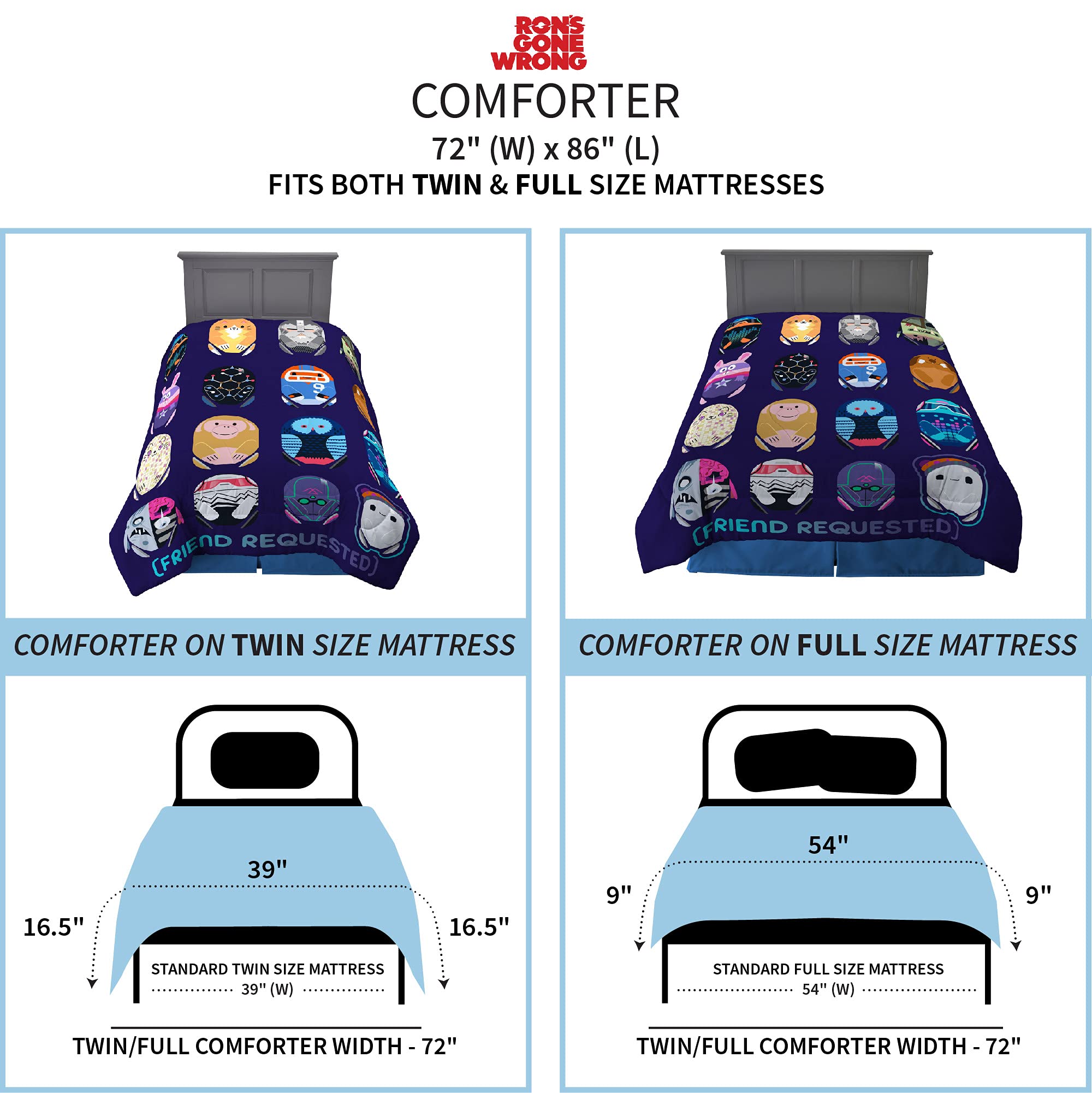 Franco Kids Bedding Super Soft Reversible Comforter Set - Twin/Full Size - Ron's Gone Wrong Themed - Cozy & Durable for Boys & Girls Bedrooms, Sleepovers, and Kids Room Decor