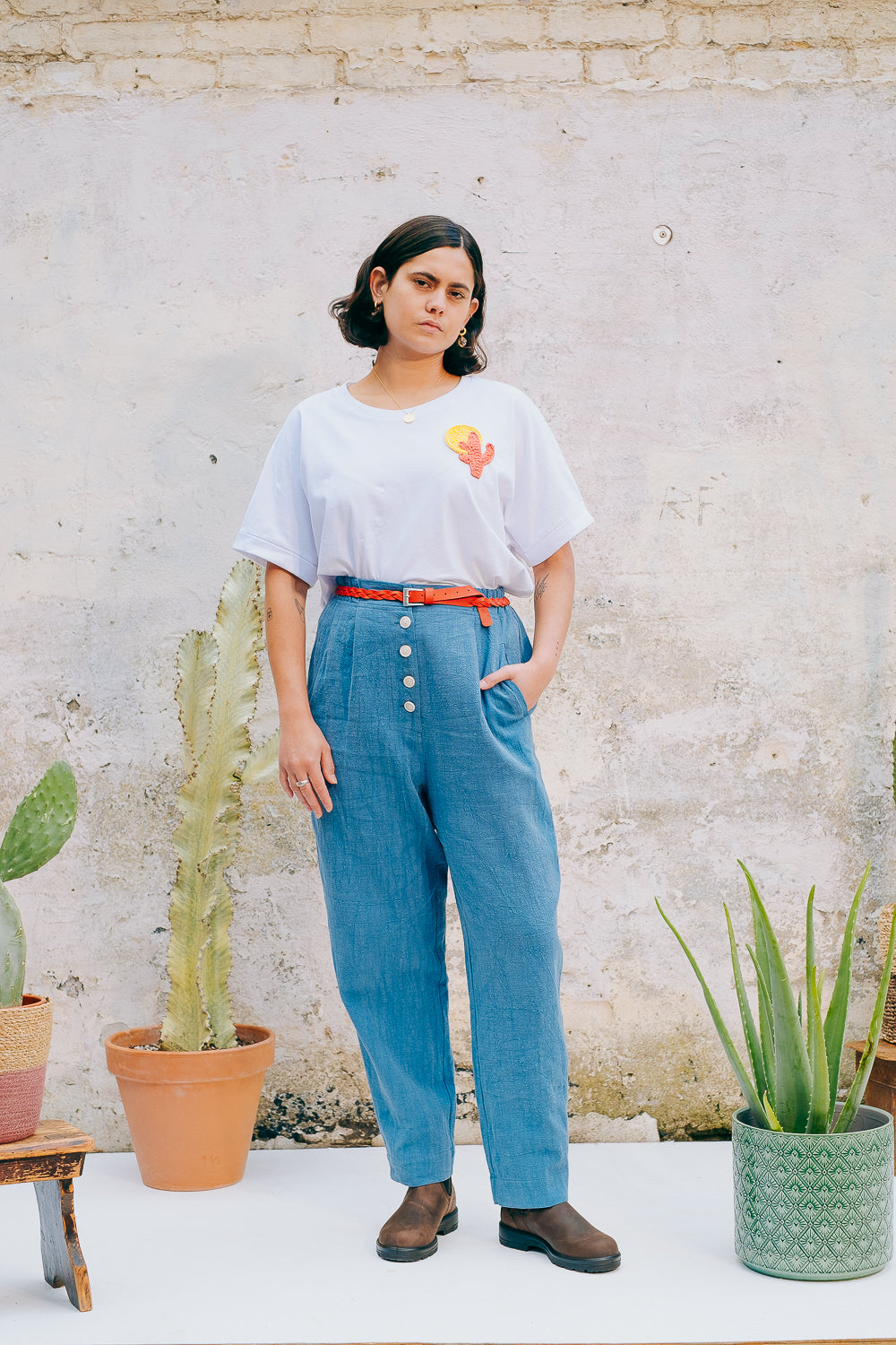 Lowie White Crochet Cactus T-Shirt for Women - Summer Boho Cotton Tee with Cute Cactus Design - Perfect for Beach Vacations, Music Festivals & Casual Outings