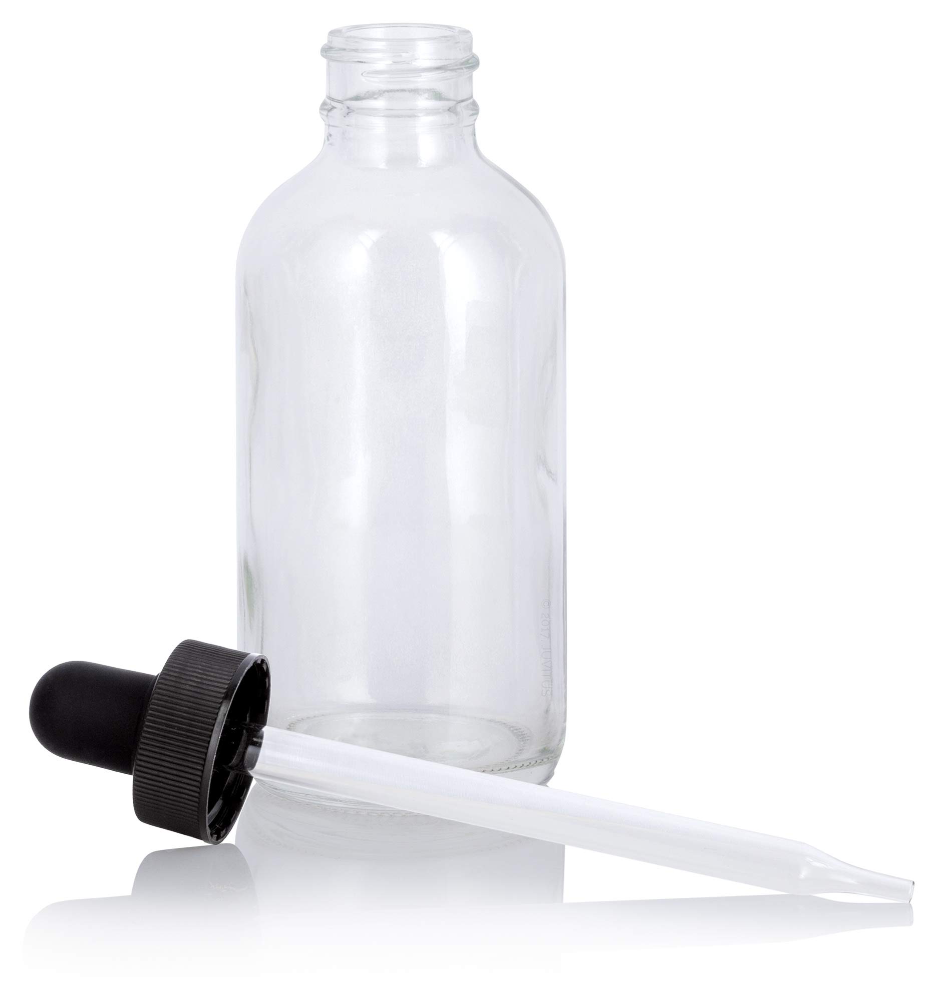 JUVITUS 4 oz Clear Flint Glass Boston Round Bottles with Black Dropper Caps (6 Pack) - Essential Oil, CBD, Tincture Storage - Includes Bonus Funnel for Easy Filling & DIY Projects