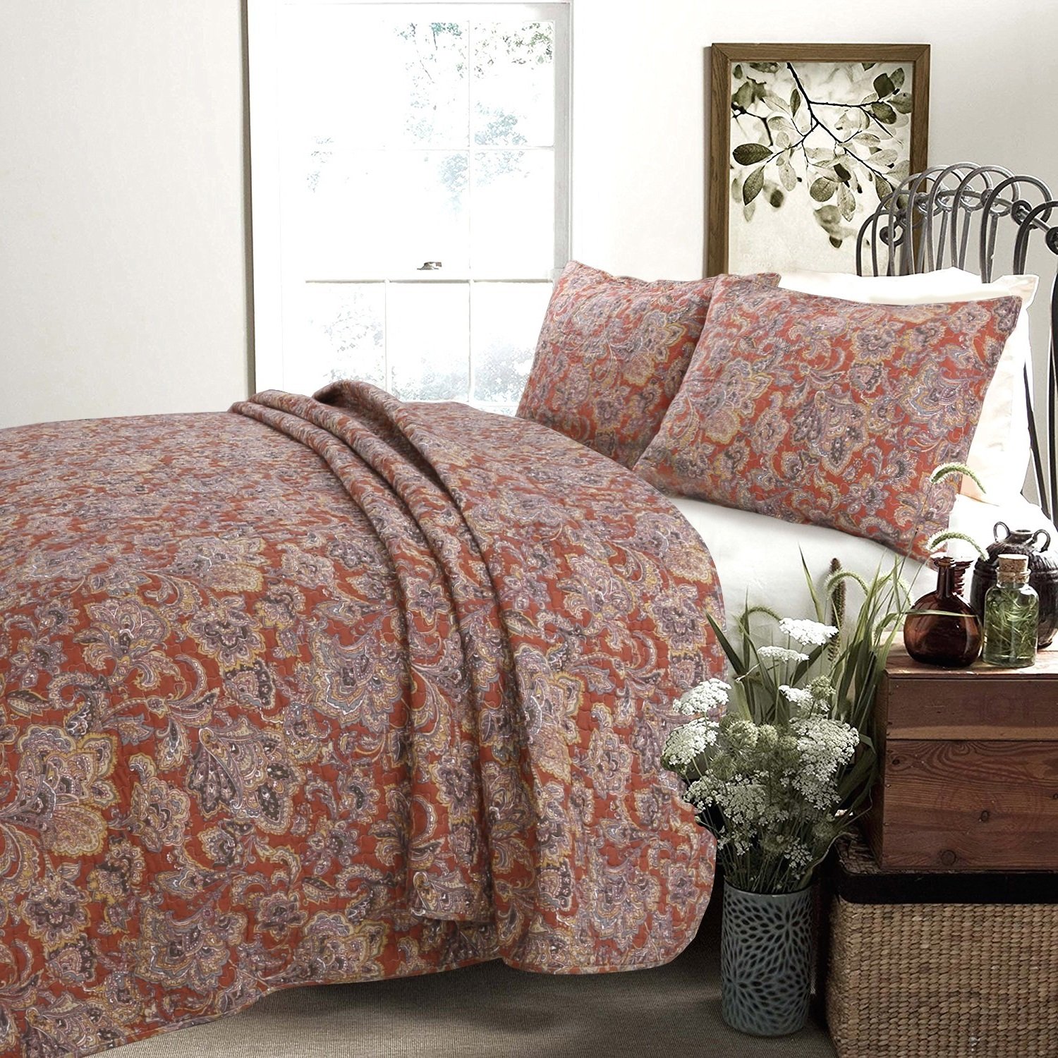 3 Piece Exotic Paisley Medallion Quilt Set Full/Queen Size - Leafy Vines Tribal Mandala Flowers Bedding with Lush Earthy Nature Pattern - Rustic Oriental Artwork Design in Orange & Grey - Perfect for Bohemian, Eclectic or Global Inspired Bedrooms