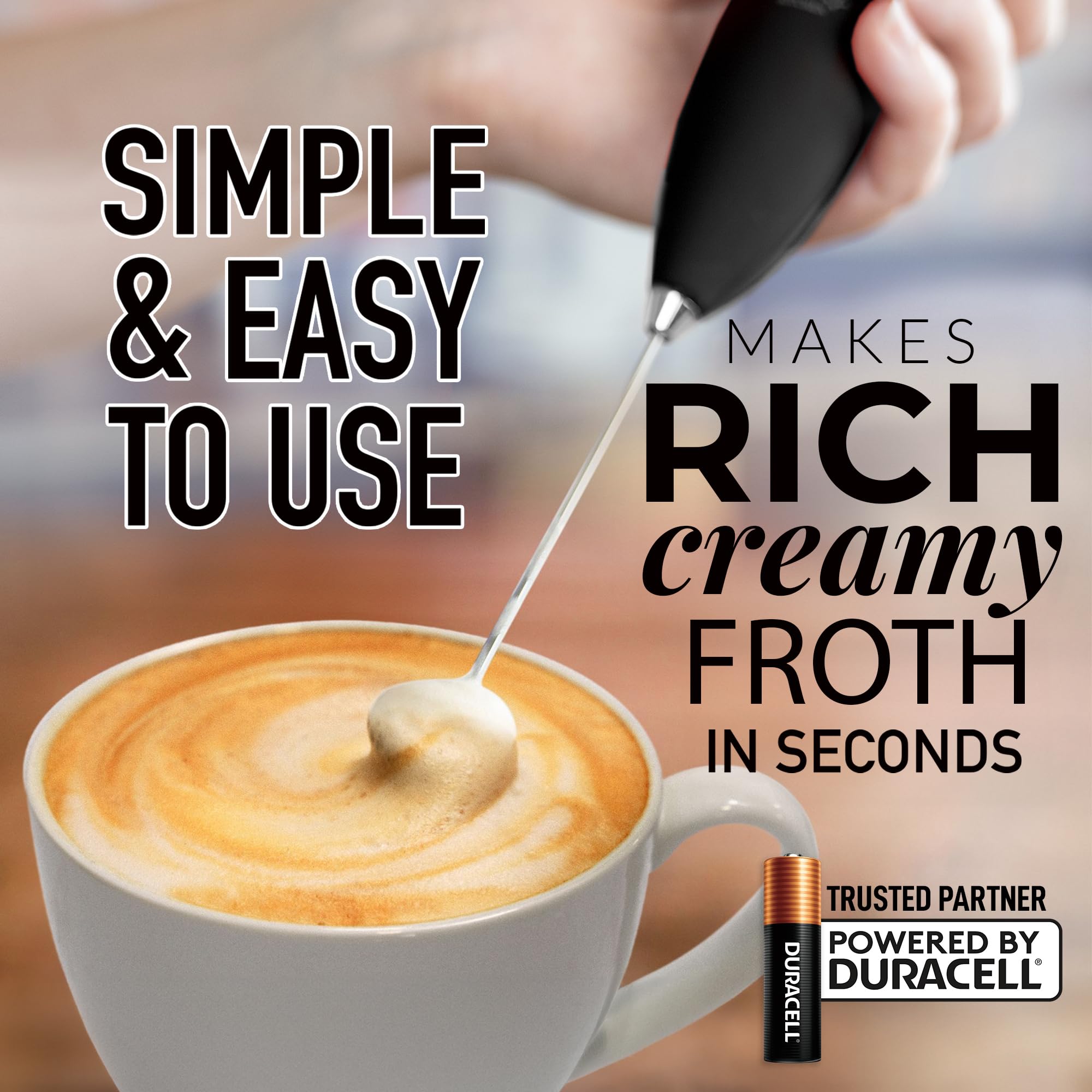 Zulay Powerful Milk Frother Handheld Electric Whisk - Includes 4 Duracell Batteries - Coffee Frother Wand for Cappuccino, Latte, Matcha & Hot Chocolate - Ideal for Home, Office & Coffee Shops - Black