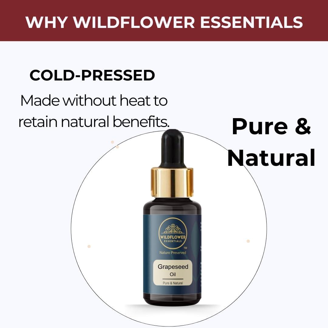 100% Pure & Natural Cold Pressed Grapeseed Oil for Face, Skin & Hair - Lightweight Anti-Aging Carrier Oil | Wildflower Essentials Undiluted 30ml | Perfect for DIY Beauty, Massage & Aromatherapy