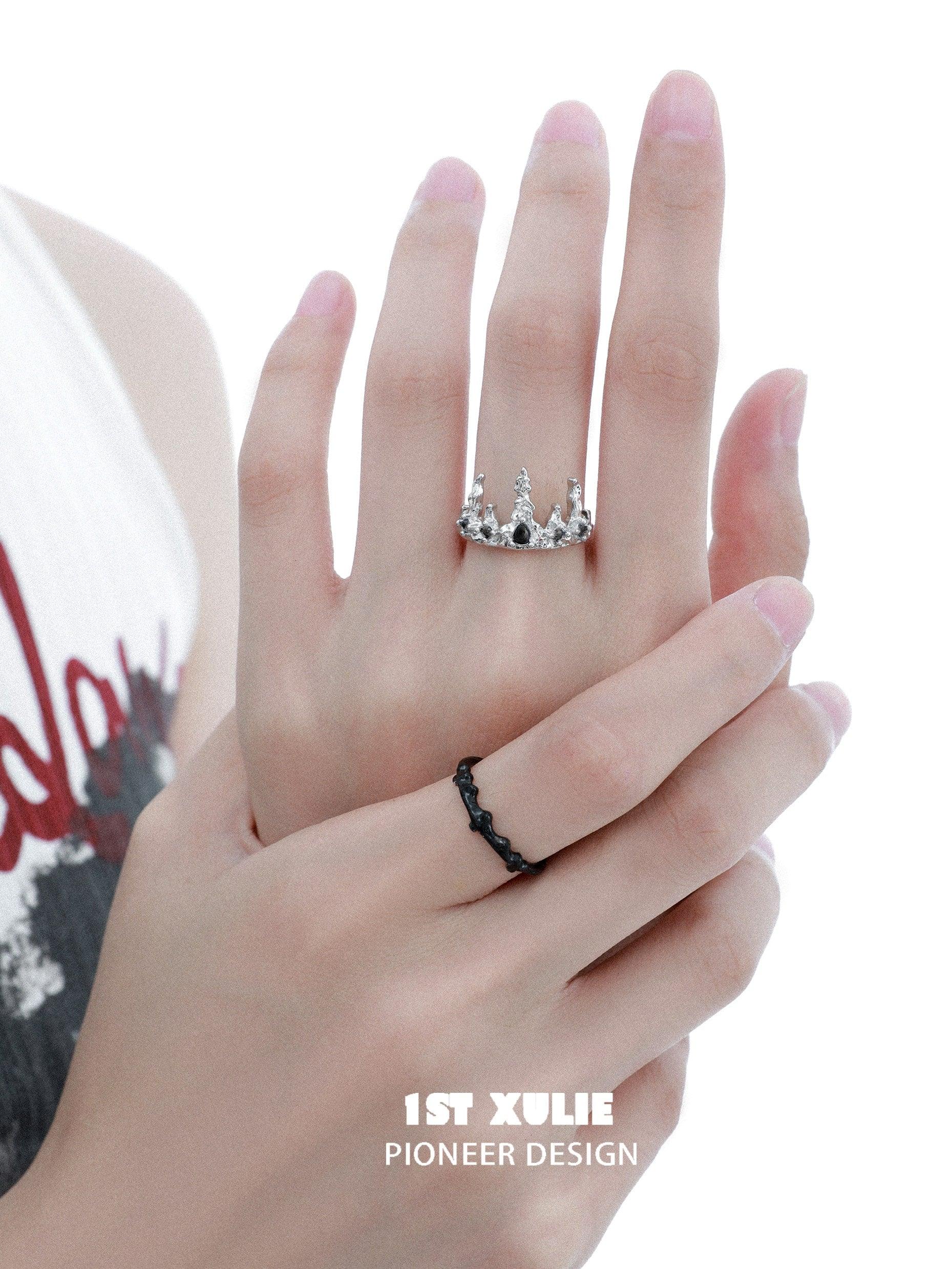 Sterling Silver S925 Detachable Crown Ring - Elegant Black Mirror Finish for Women, Perfect for Parties, Weddings & Special Occasions