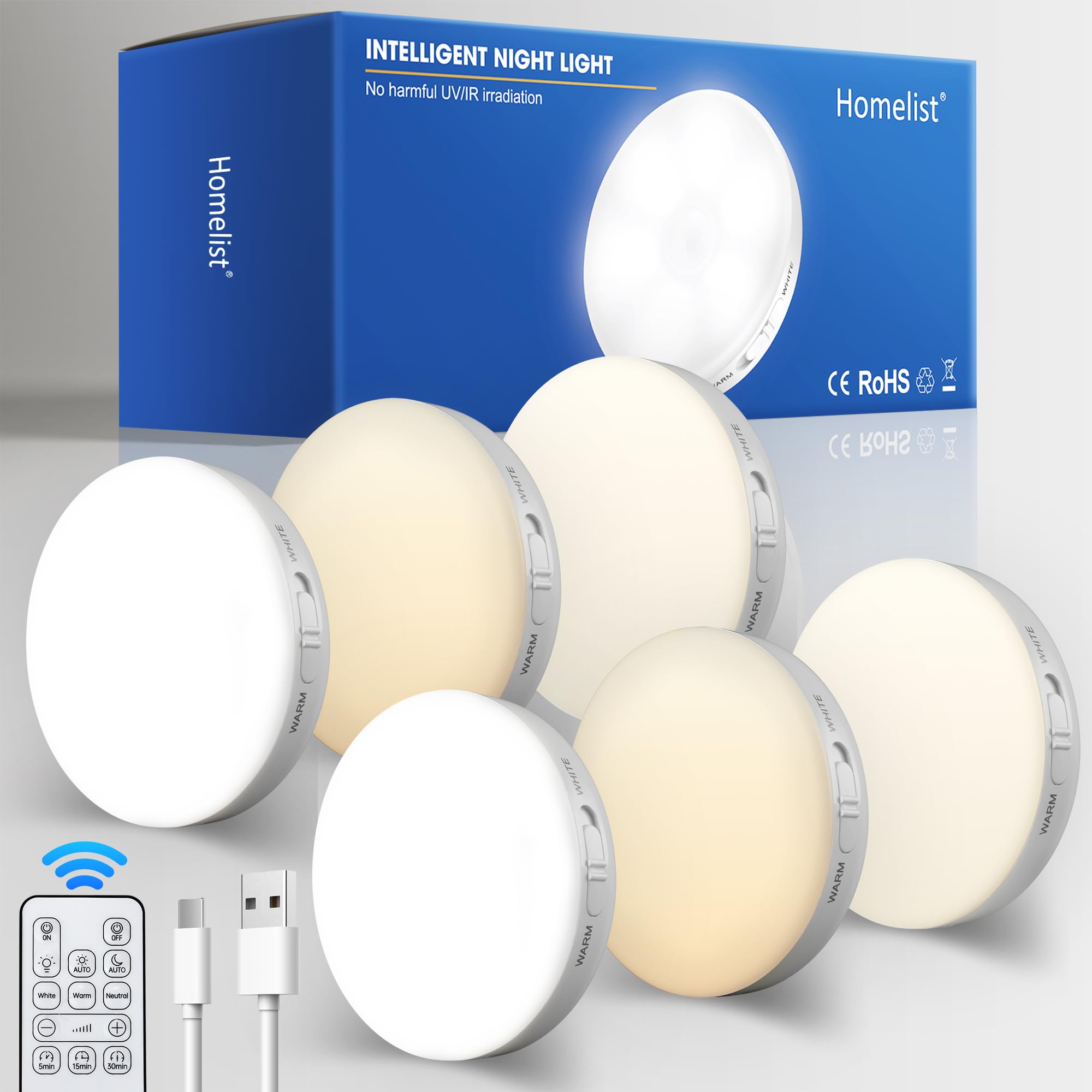 Homelist 6 Pack LED Puck Lights with Remote - Rechargeable Motion Sensor Under Cabinet Lights, 3 Color Temperature Wireless Battery Night Light for Kitchen, Stairs, Cupboard & Wall | Perfect for Home, Office & Closet Lighting