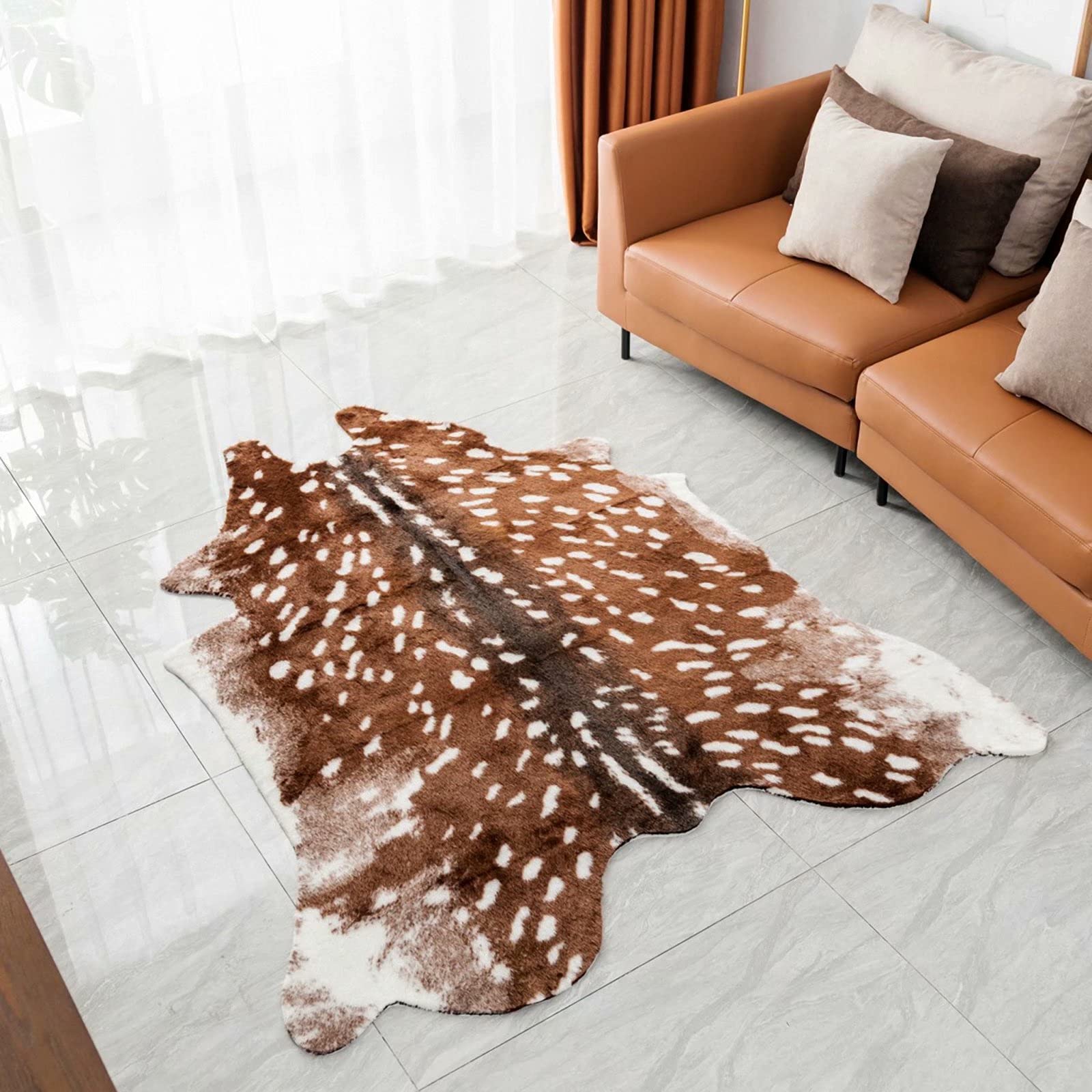 Premium Faux Sika Deer Hide Area Rug 2.5x3.5ft - Soft Animal Print Faux Fur Rug, Realistic Cowhide Pattern Carpet for Living Room, Bedroom, Office - White & Brown Home Decor