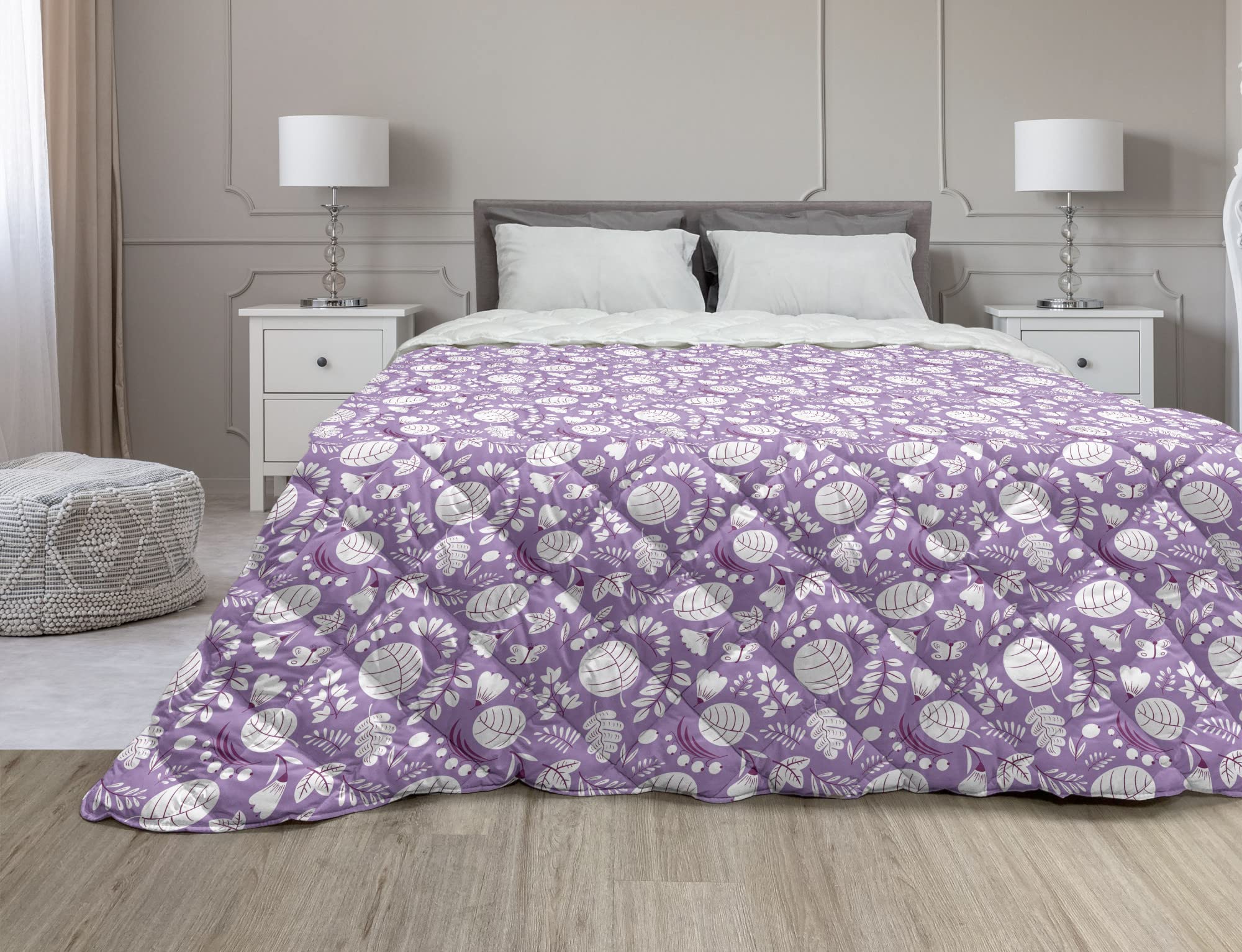 Ambesonne King Size Down Alternative Comforter - Botanical Pastel Floral Leaf & Branch Design, All-Season Microfiber Quilt in Fuchsia & White | Perfect for Spring Bedroom Decor, Guest Room & Cozy Home Styling