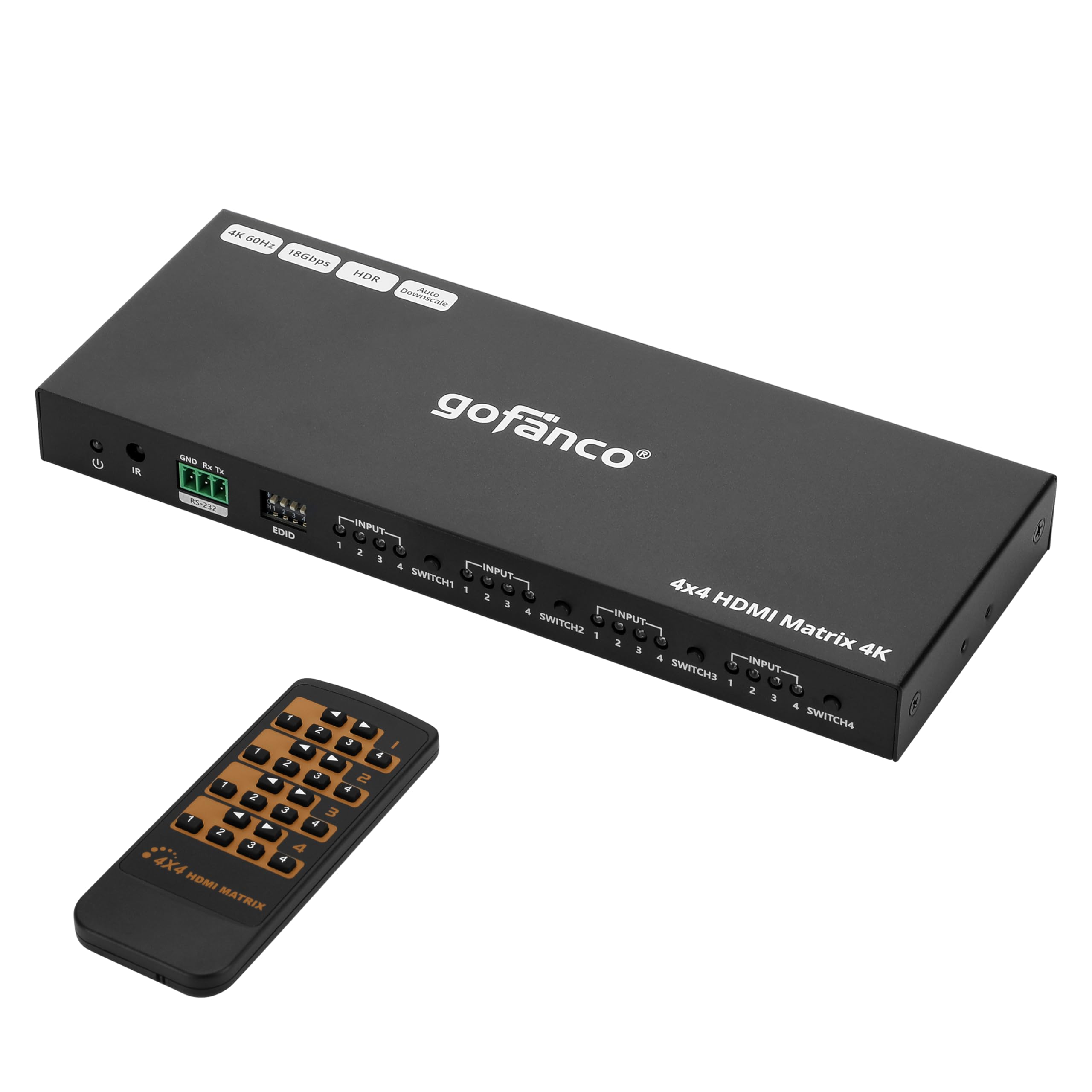 gofanco 4K 4x4 HDMI Matrix Switch - 4K 60Hz 4:4:4 HDR, HDCP 2.2/1.4, Auto Downscaling, EDID Management, 7.1ch Audio & Atmos, Surge Protection (4 in 4 Out) - Perfect for Home Theater, Gaming & Multi-Room AV Systems