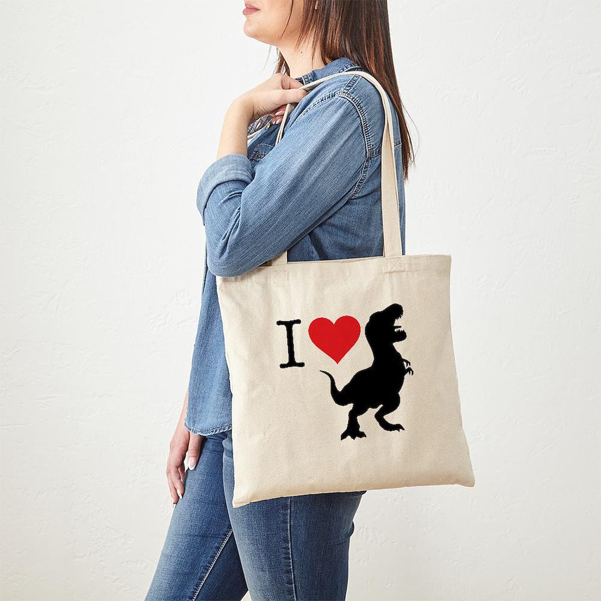 I Love T Rex Natural Canvas Tote Bag - Reusable Grocery Shopping Bag for Dinosaur Lovers, Eco-Friendly & Durable (Perfect for School, Work, or Farmers Market)