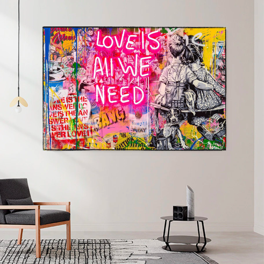 Banksy Love is All We Need Canvas Wall Art Print - Street Art Home Decor for Living Room, Bedroom & Office