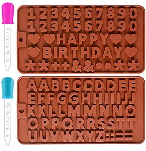 BREEZO 2PCS Silicone Alphabet Letter Molds & Number Molds for Chocolate, Candy, Baking - Includes 2 Droppers - Perfect for Birthday Cakes, Cupcake Decorations & DIY Dessert Making