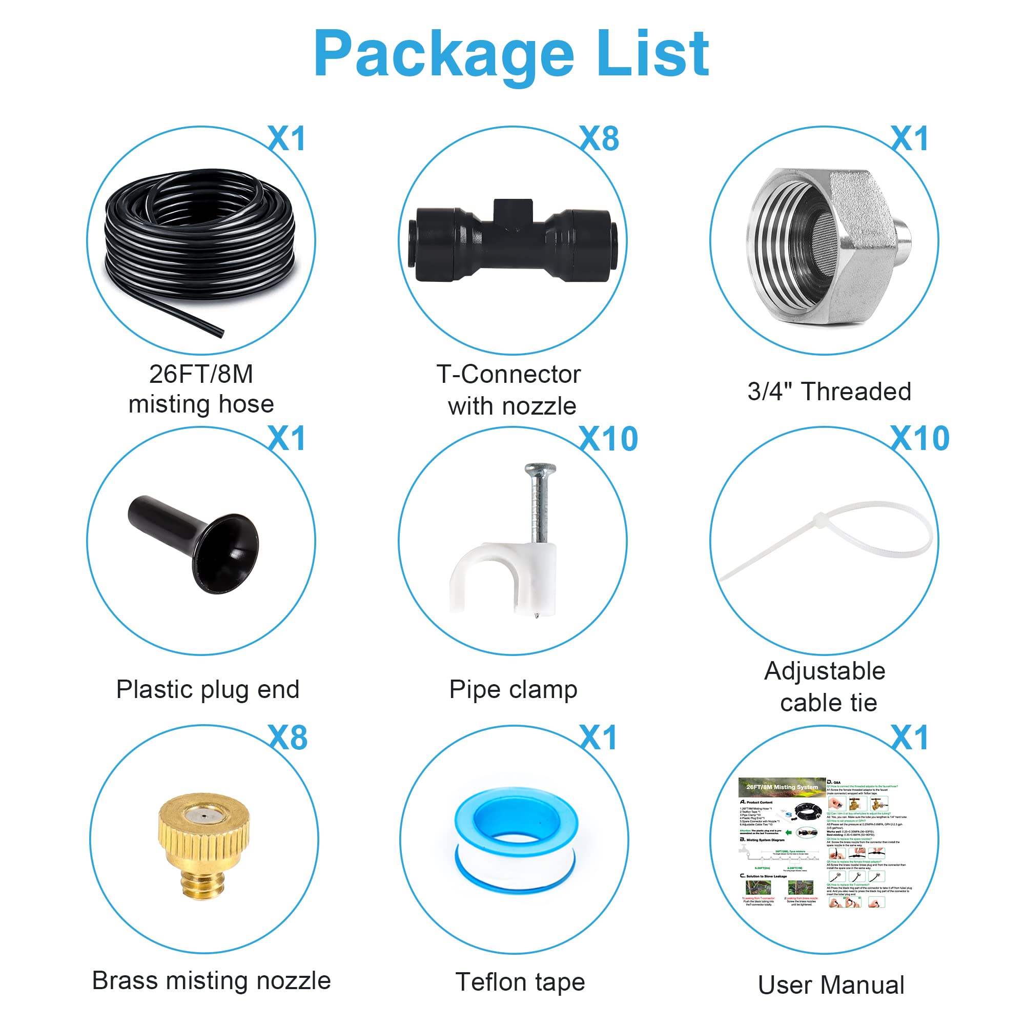 Bonviee 26FT Outdoor Misting Cooling System - 8 Nozzle Patio Mister Kit with 3/4
