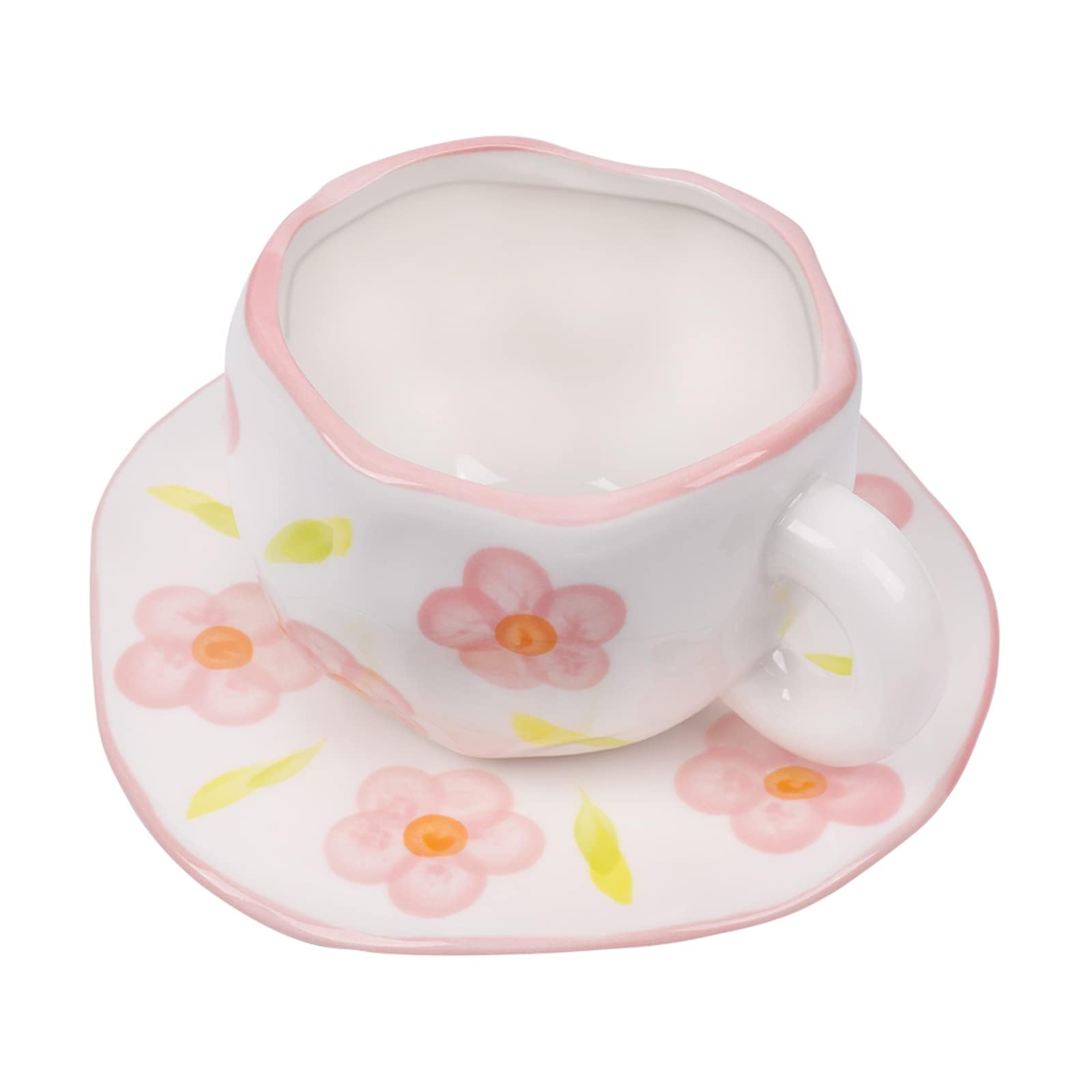 Koythin Ceramic Coffee Mug with Saucer - 10oz/300ml Cute Pink Floral Design, Microwave & Dishwasher Safe - Perfect for Latte, Tea, Milk at Home or Office - Ideal Gift for Coffee Lovers & Housewarming