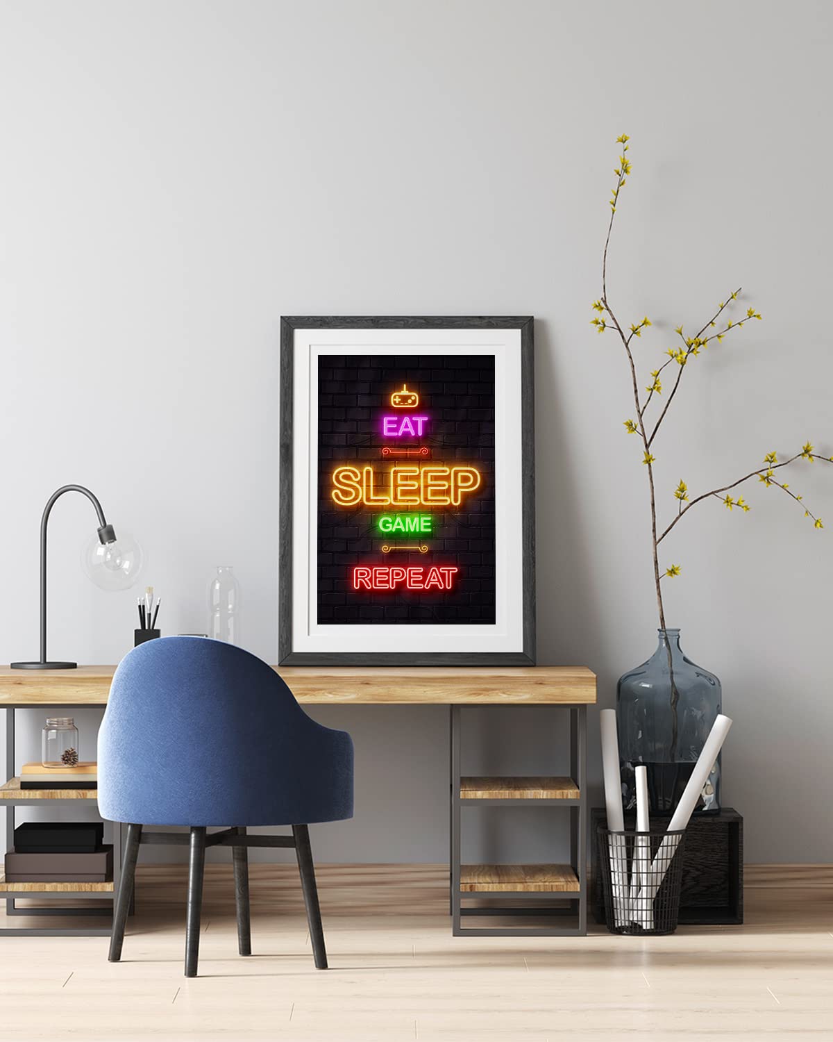 LIFVEAN 16x24in Unframed Gaming Posters for Boys Room - Cool Video Game Wall Art Decor for Bedroom & Gaming Room - Black Light Gamer Posters - Canvas Wall Decor - Perfect for Teen Boys Room, Game Themed Parties & Esports Fan Gifts - Eat Sleep Game Repeat