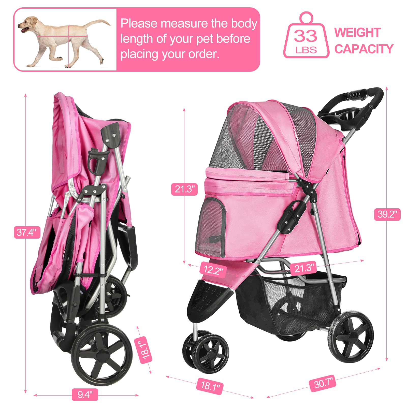 Premium 3-Wheel Pink Pet Stroller for Small Dogs & Cats - Lightweight Folding Design with Storage Basket & Cup Holder - Perfect for Jogging, Shopping & Outdoor Adventures