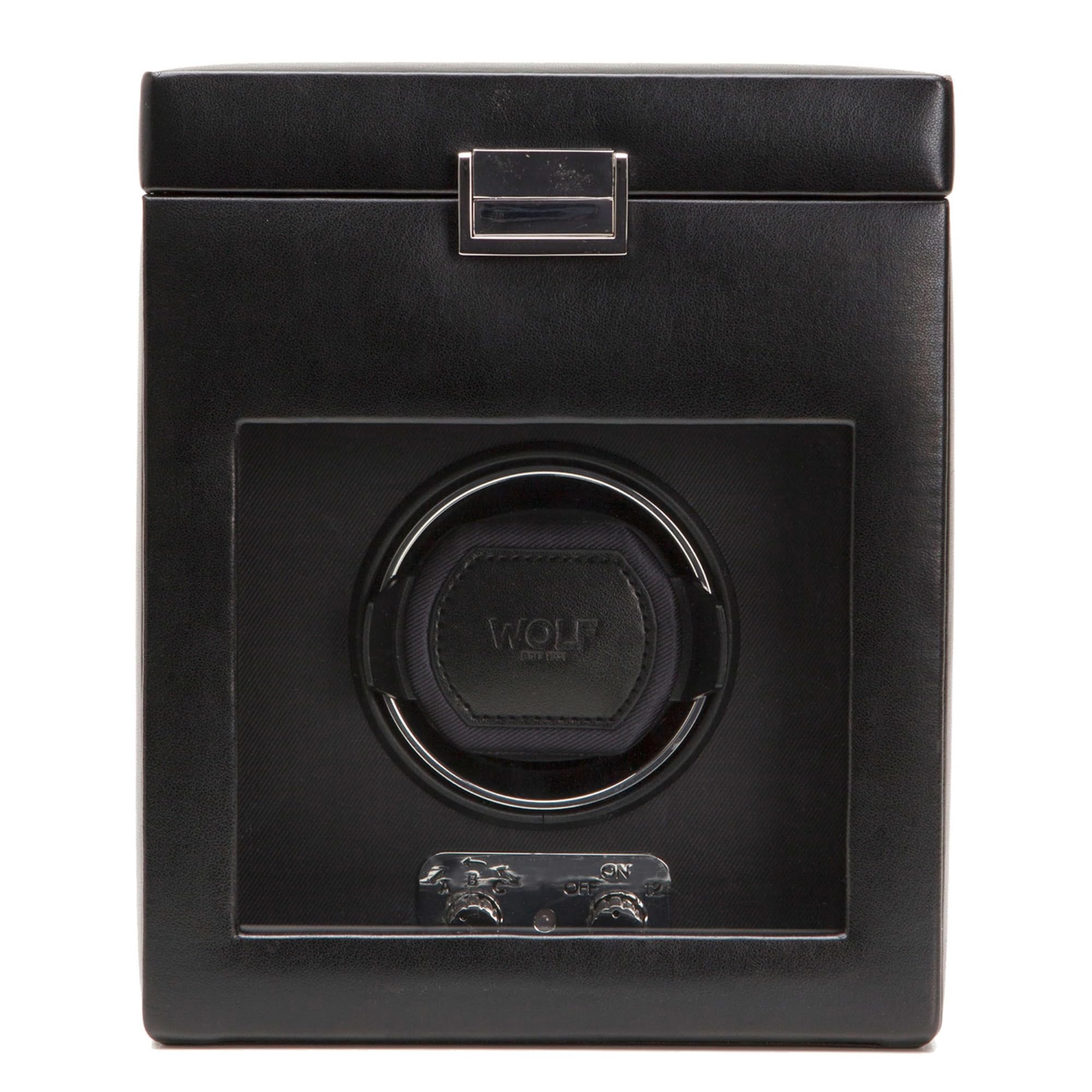 WOLF Heritage Single Watch Winder with Storage Box - Black Vegan Leather & Glass Cover - Secure Fit for Big & Heavy Watches - Patented Lock-in Dynamic Cuff - Includes Universal Adapter - Perfect for Watch Collectors & Luxury Timepiece Storage at Home/Office