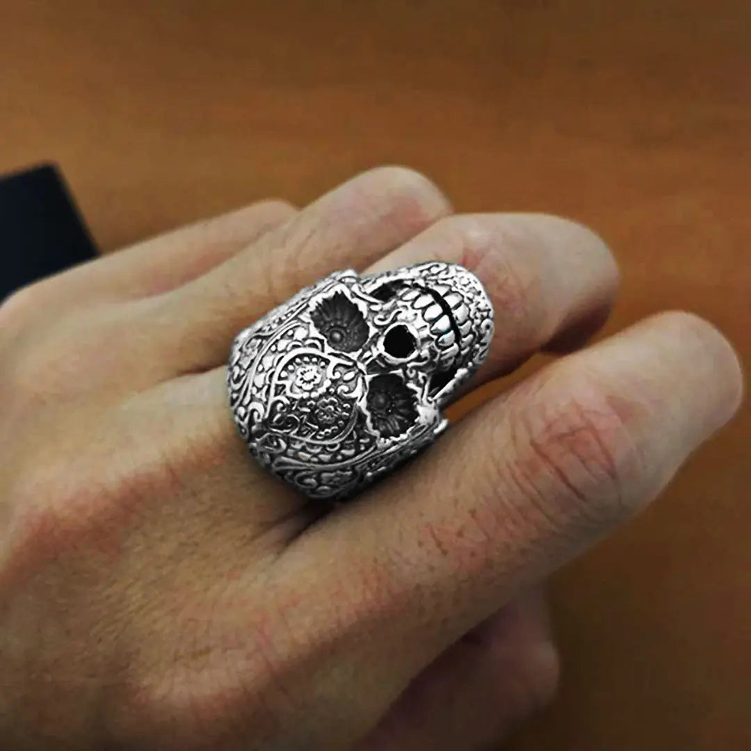 GoSteel Men's Sugar Skull Ring - Gothic Punk Jewelry for Men, Stainless Steel Skeleton Hand Design, Adjustable Size, Perfect for Halloween, Day of the Dead, Rock Concerts & Alternative Fashion