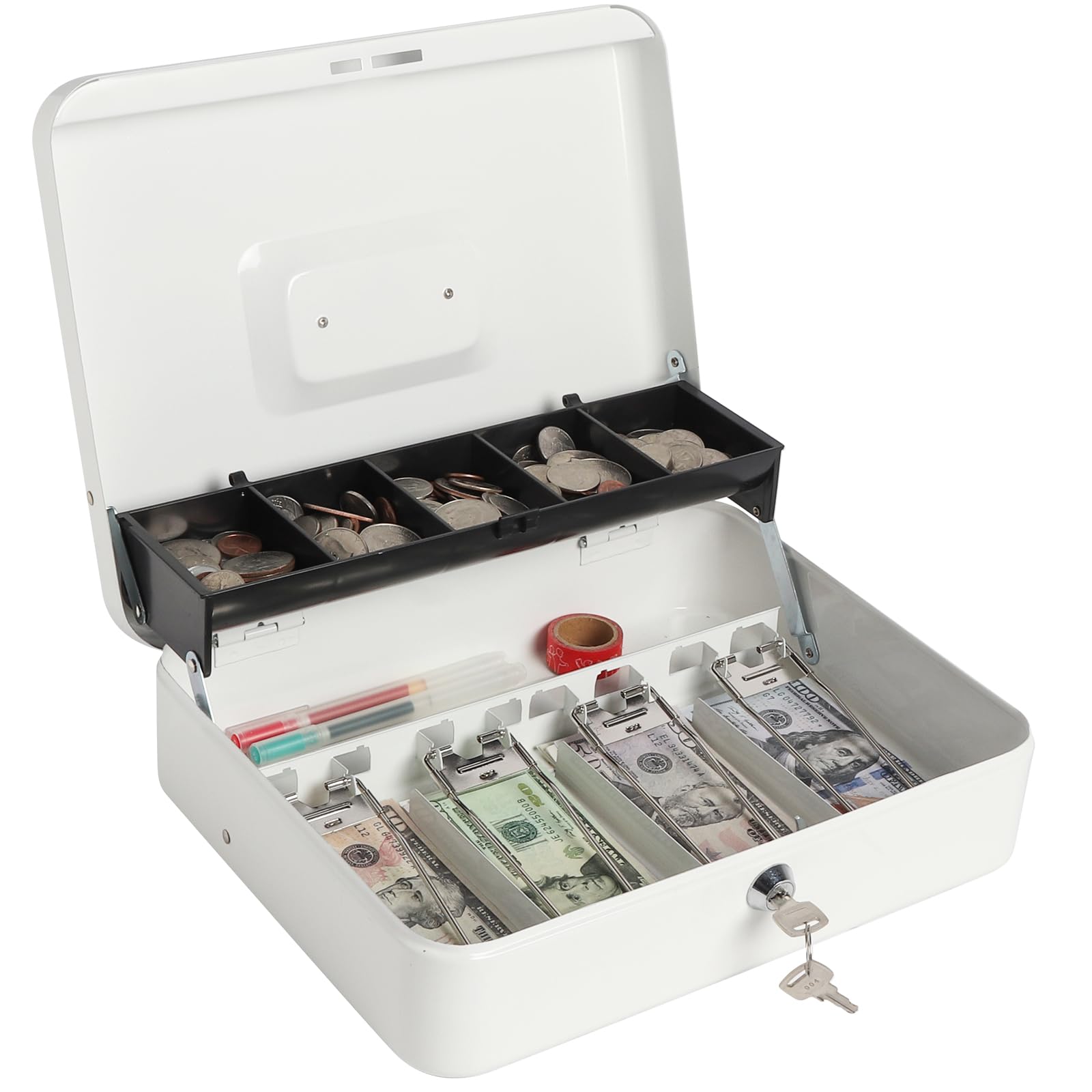 Heavy Duty Metal Cash Box with Money Tray & Lock - 11.8 x 9.5 x 3.54 Inches Secure Lockbox for Cash, Coins, Valuables - Ideal for Home, Office, Retail Store & Small Business Use (White)