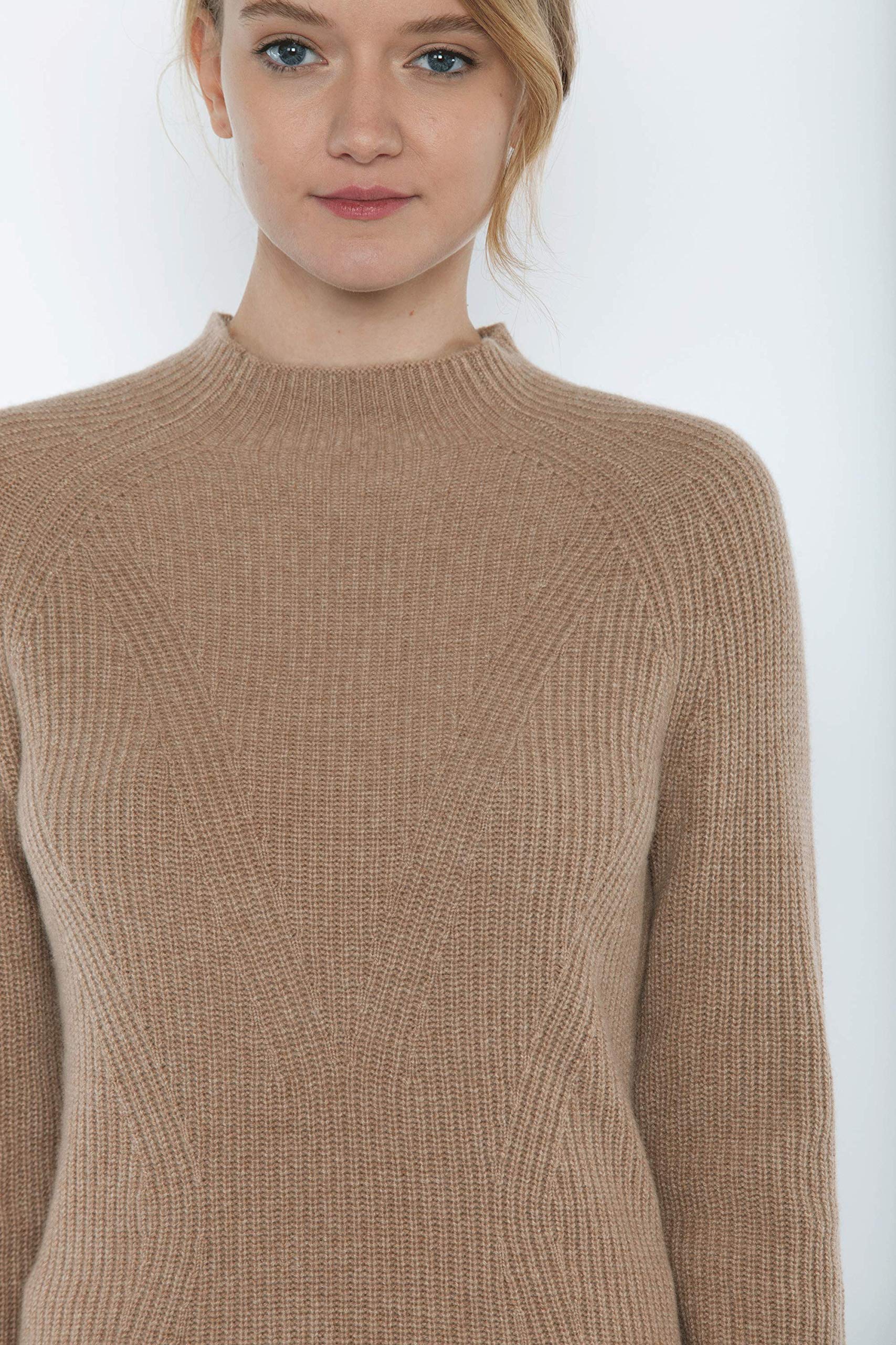 JENNIE LIU Women's 100% Pure Cashmere Chunky Ribbed Funnel Neck Long Sleeve Sweater - Soft Winter Pullover for Casual Wear & Office Outfits