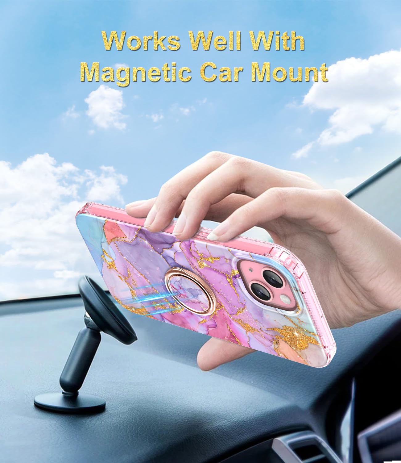 BTS Case for iPhone 15 Plus 6.7 Inch - Shockproof Rugged Protective Cover with Built-in Screen Protector & 360° Ring Holder Kickstand | Full Body Dual Layer Defense | Perfect for Outdoor Activities, Travel & Daily Use (Pink)