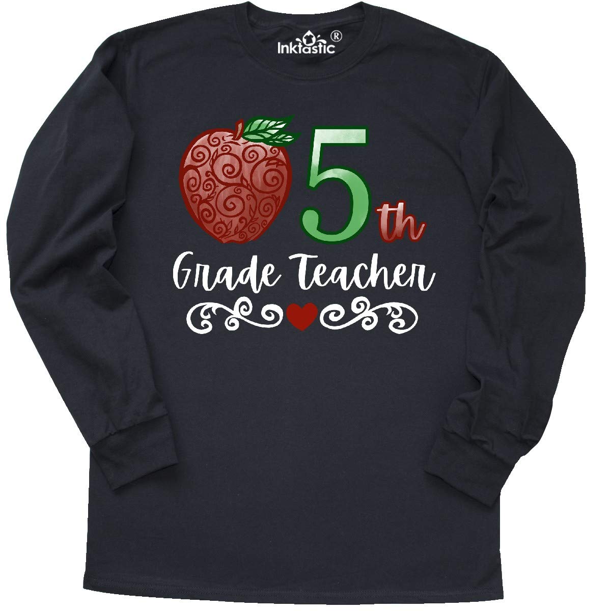 Inktastic 5th Grade Teacher T-Shirt with Red Apple Design - Long Sleeve Comfortable Cotton Tee for Educators, Back to School, Teacher Appreciation Gifts & Classroom Wear