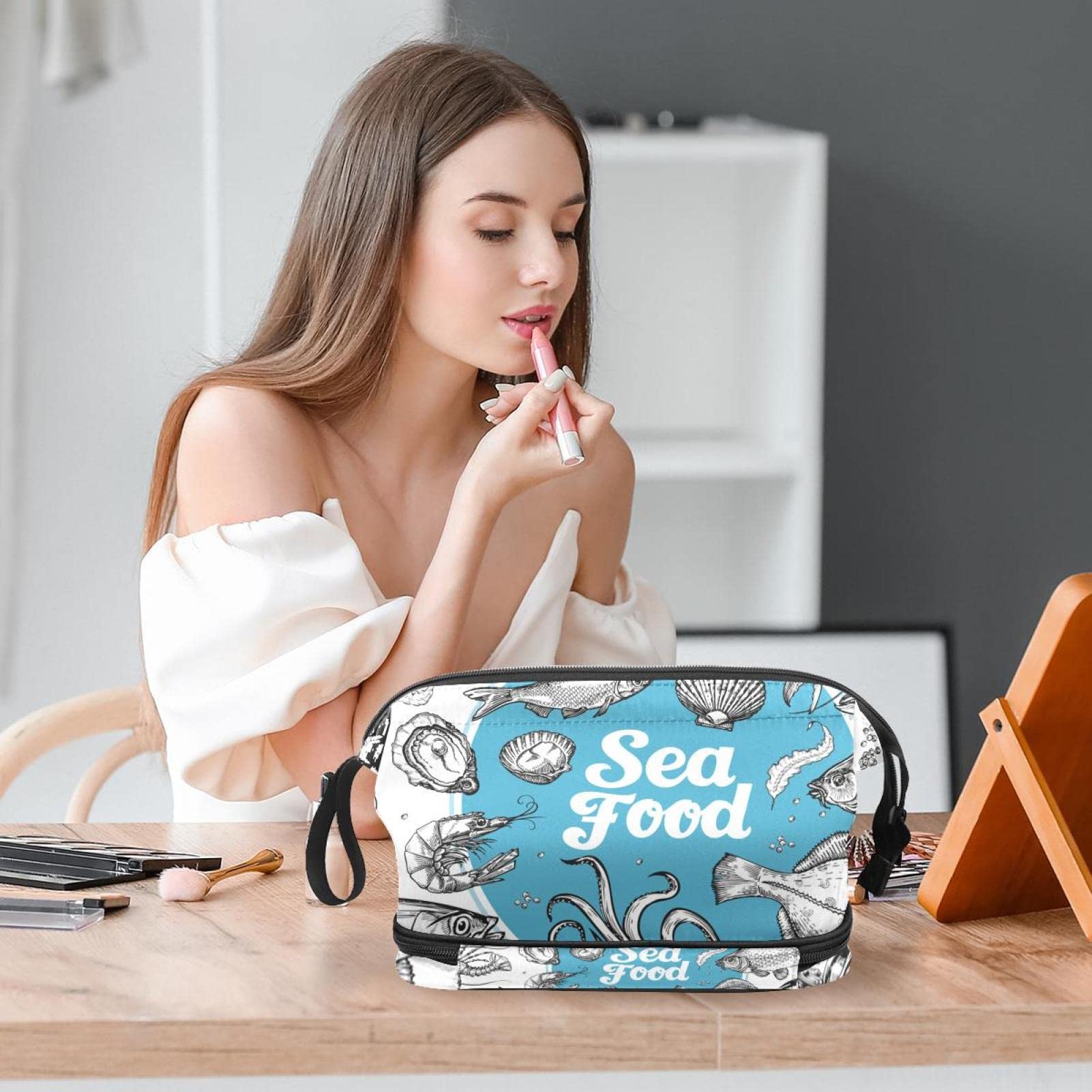 Large Waterproof Makeup Bag for Travel - Spacious Cosmetic Organizer with Seafood Ocean Fish Design, Women's Toiletry Bag for Vacation, Gym & Daily Essentials Storage